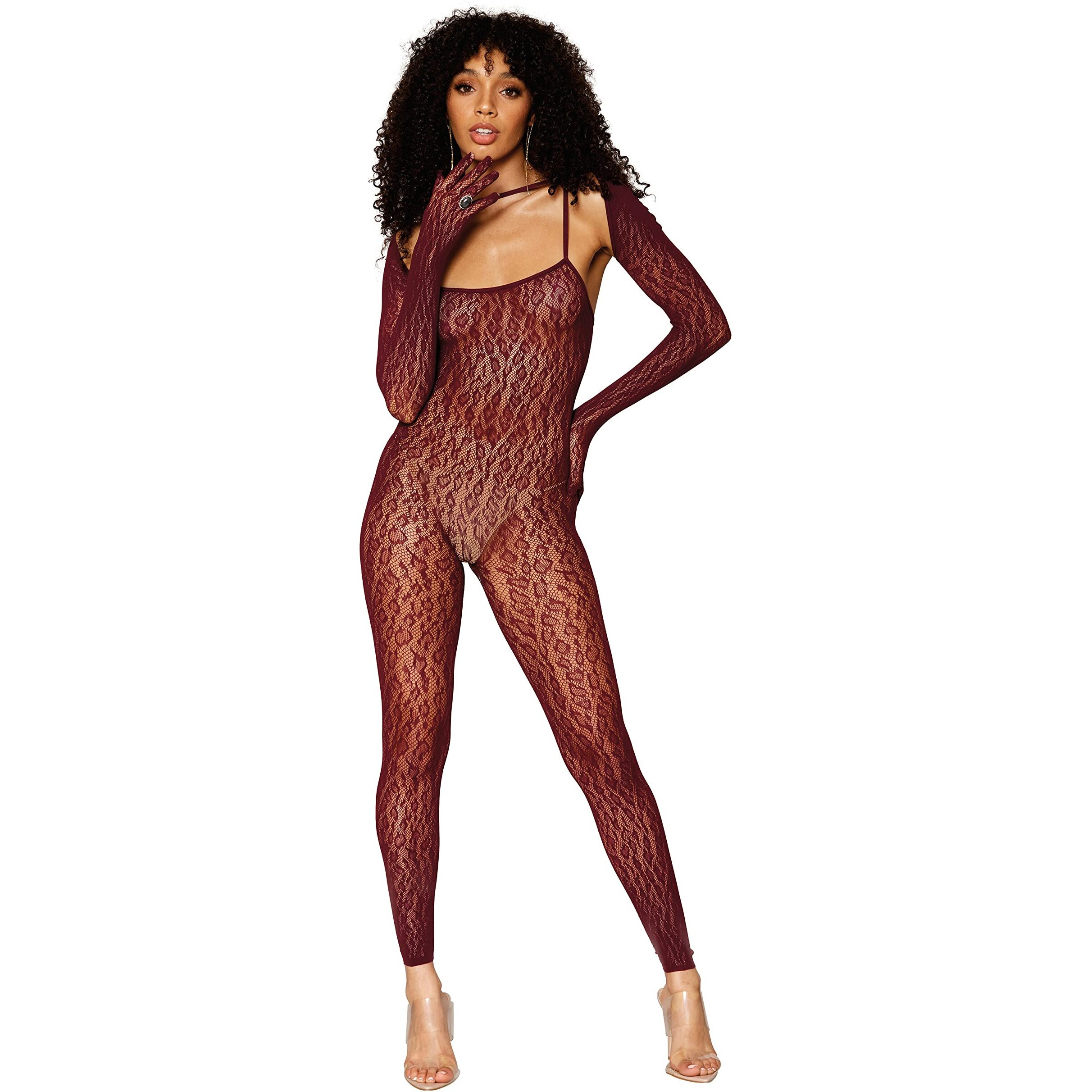 Dreamgirl Women's Leopard Fishnet Catsuit Body Stocking ith Matching Shrug Set, Scoop Neckline ith Shoulder Straps and Long Sleeve Shrug ith Built In Finger Gloves, One Size, 1PC, Burgundy