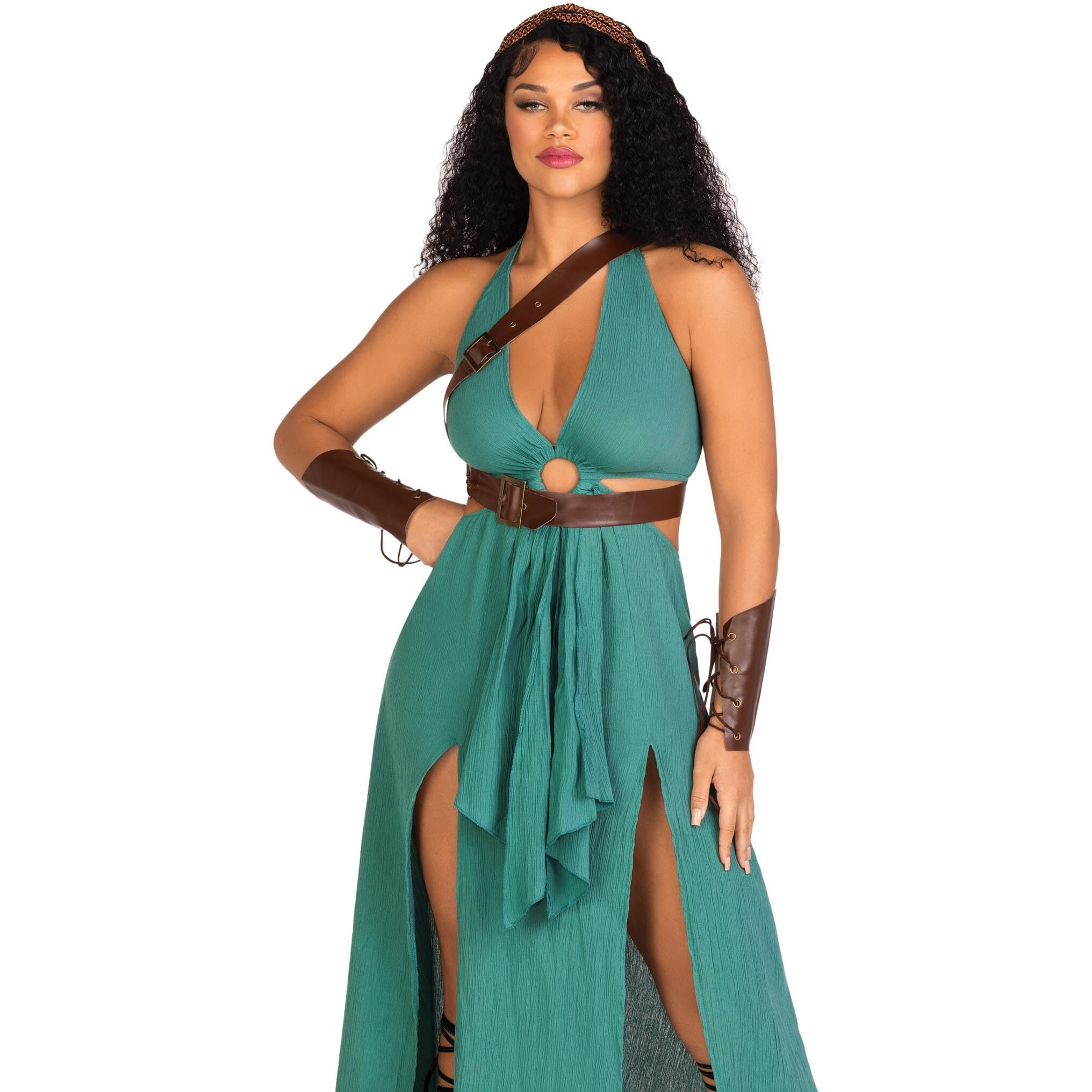 Leg Avenue Women's 4 Pc Warrior Maiden Costume with Gauze Cut Out Dress, Shoulder Harness, Headband, Arm Cuffs, Green, Small