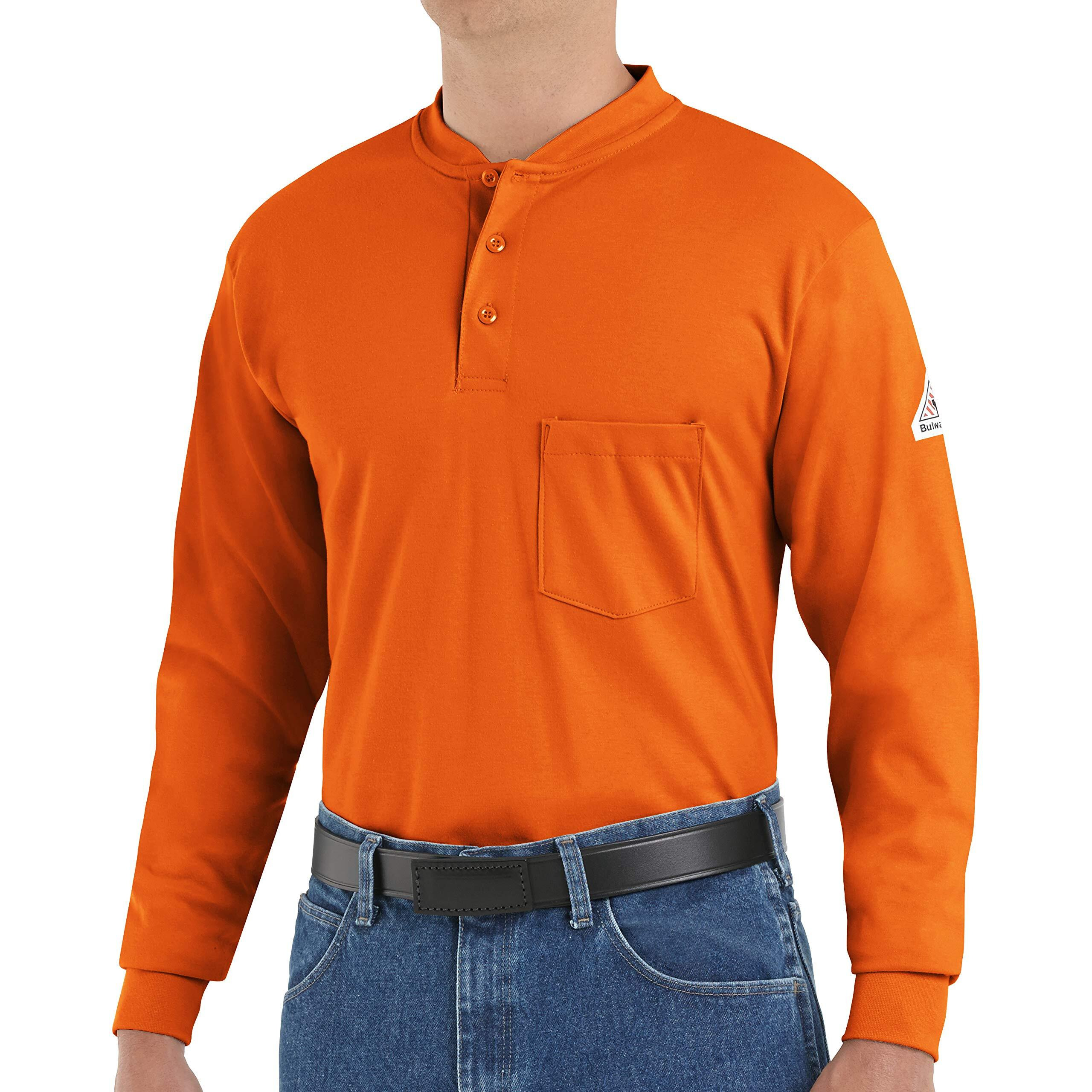 Bulwark Men's Flame Resistant 6.25 oz Cotton Long Sleeve Tagless Henley Shirt, Orange, Large/Tall