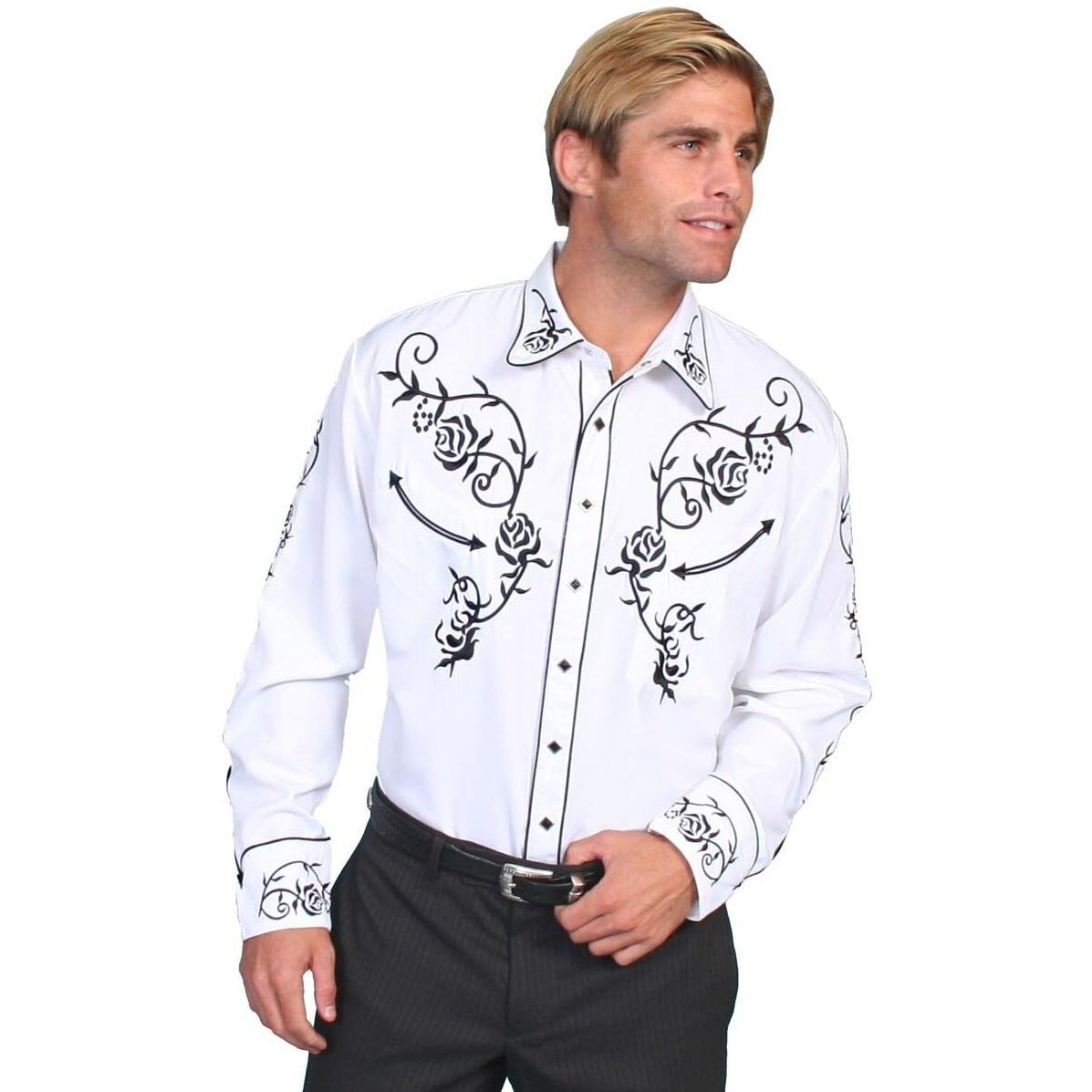 Scully Floral Embroidered Snap Front Shirt P706 WHT ***, White, Medium