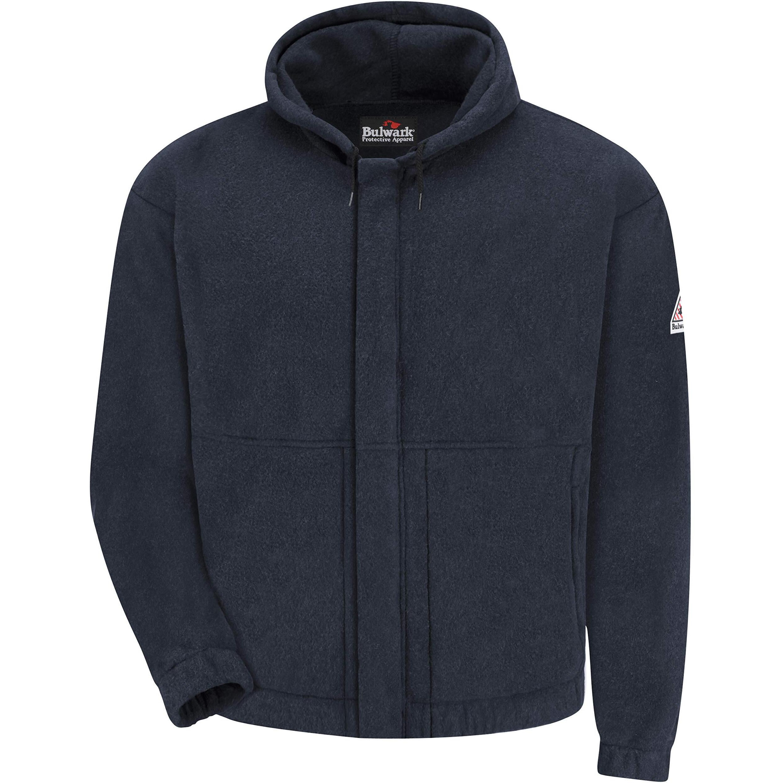 Bulwark Flame Resistant 8 oz Modacrylic Fleece Regular Zip-Front Hooded Sweatshirt with Drawstring Closure, Navy, Small