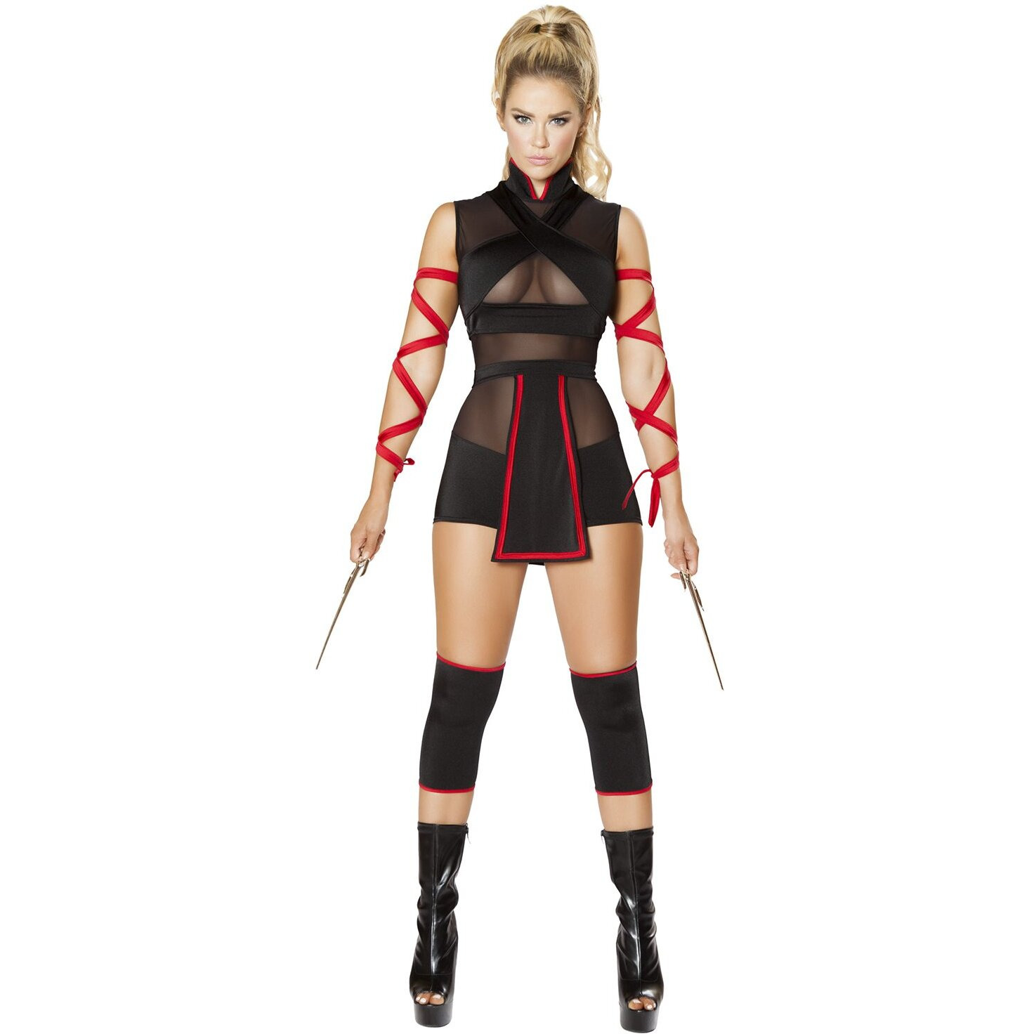 Roma Costume 5 PC Ninja Striker Costume, Black/Red, Women Large