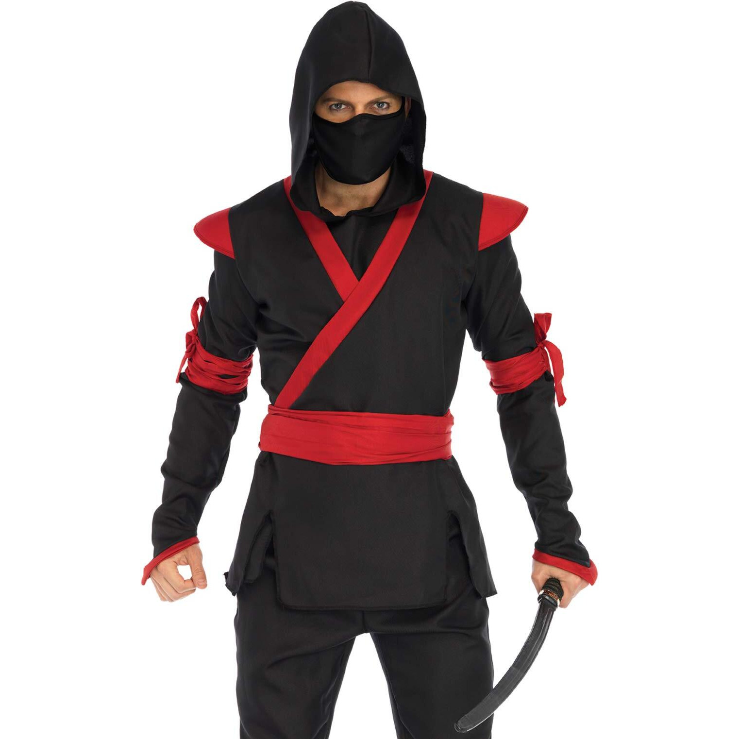 Leg Avenue Men's 5 Pc Ninja Costume with Shirt, Pants, Belt, Face Mask, Hood, Black/Red, Small/Medium