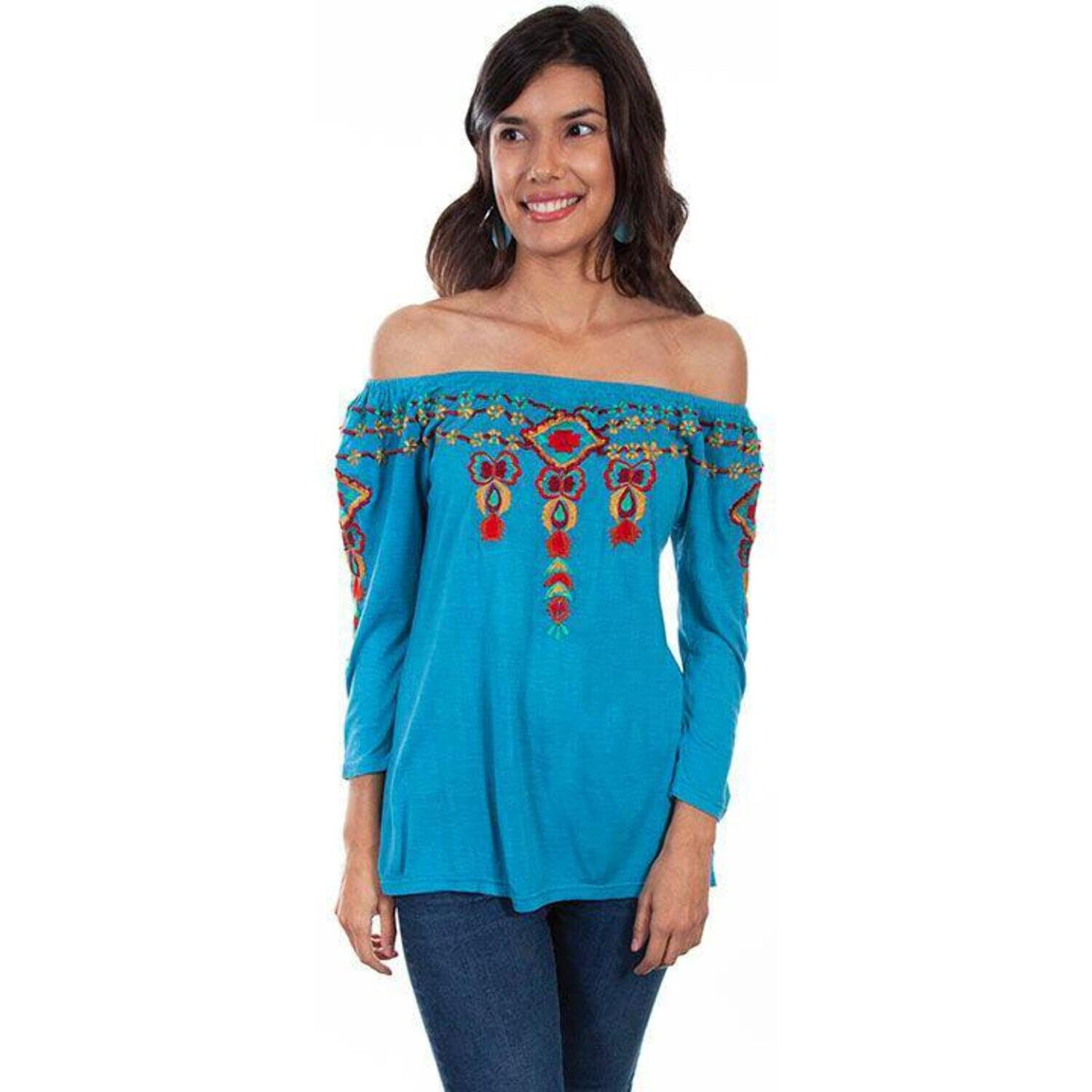 Scully 3/4 Sleeve Embroidered Peasant Top Teal MD