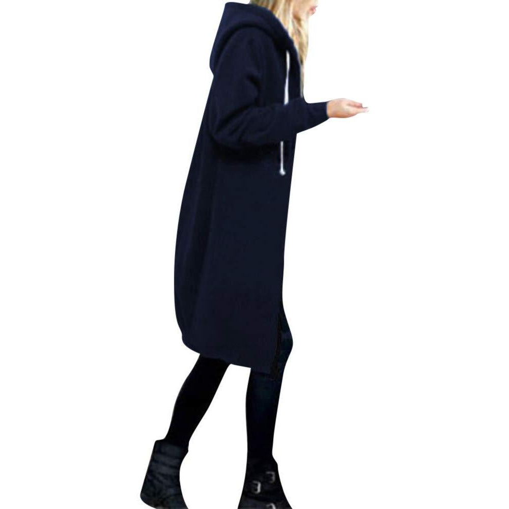 Women Warm Zipper Open Winter Hoodies Sweatshirt Long Coat Jacket Tops Outwear Navy