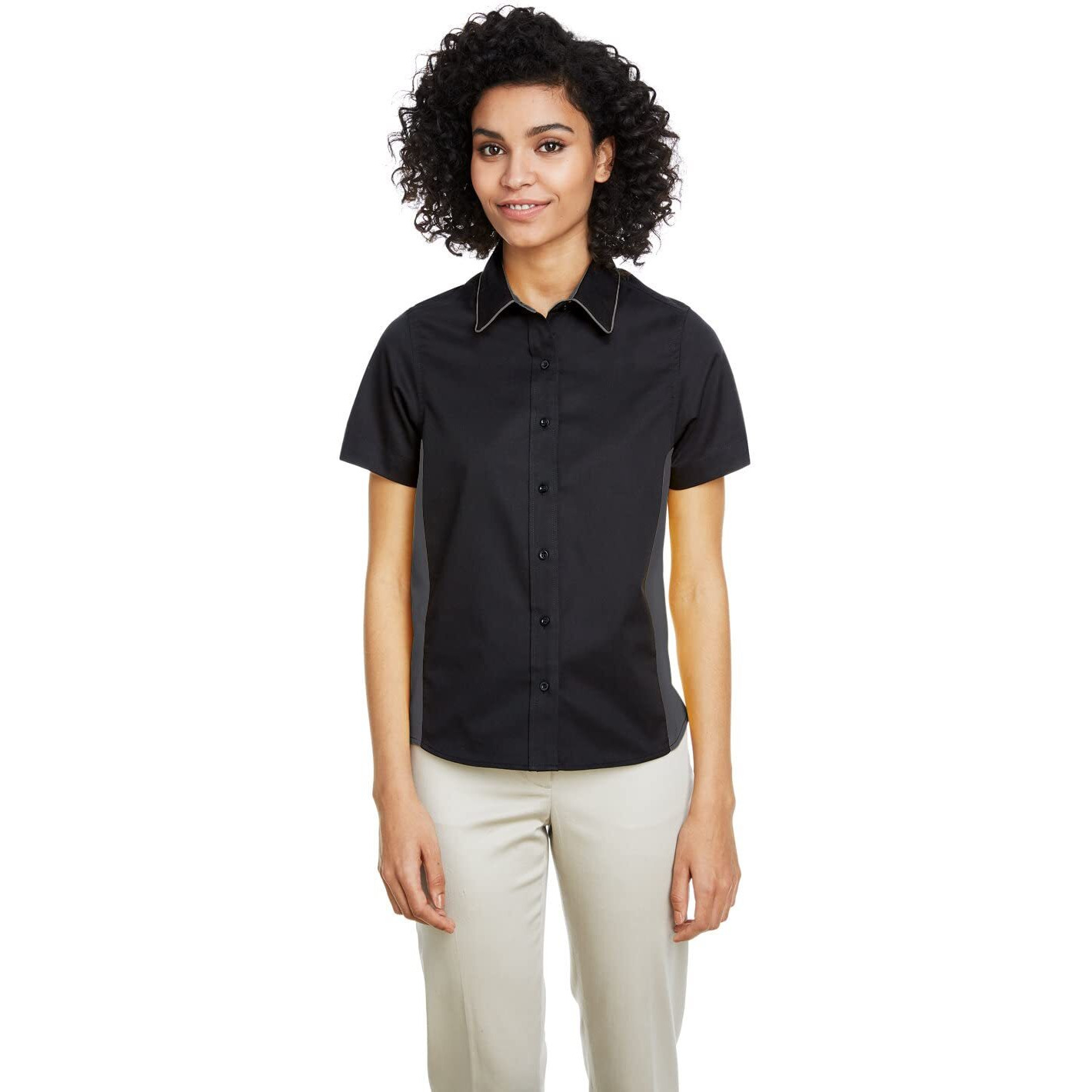 Harriton Flash IL Colorblock Short Sleeve Shirt (M586W) Black/DK Charcl, XS