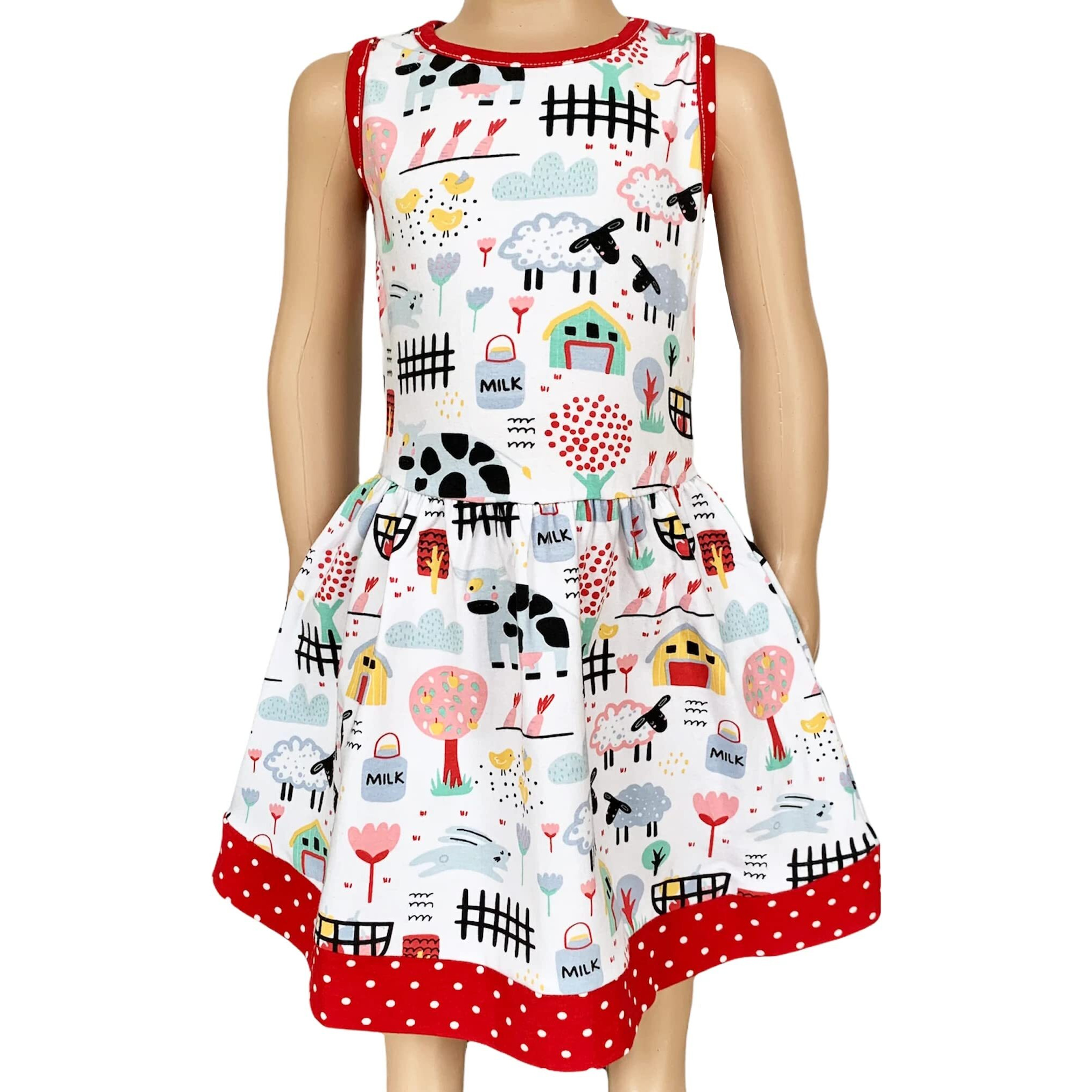 AnnLoren Little & Big Girls Farm Animal Sleeveless Cotton Swing Dress 9-10