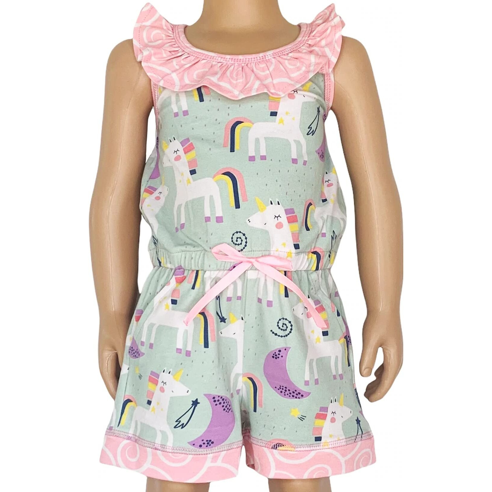 AnnLoren Little & Big Girls Jumpsuit Magical Unicorn Rainbows Spring Romper 6-6X