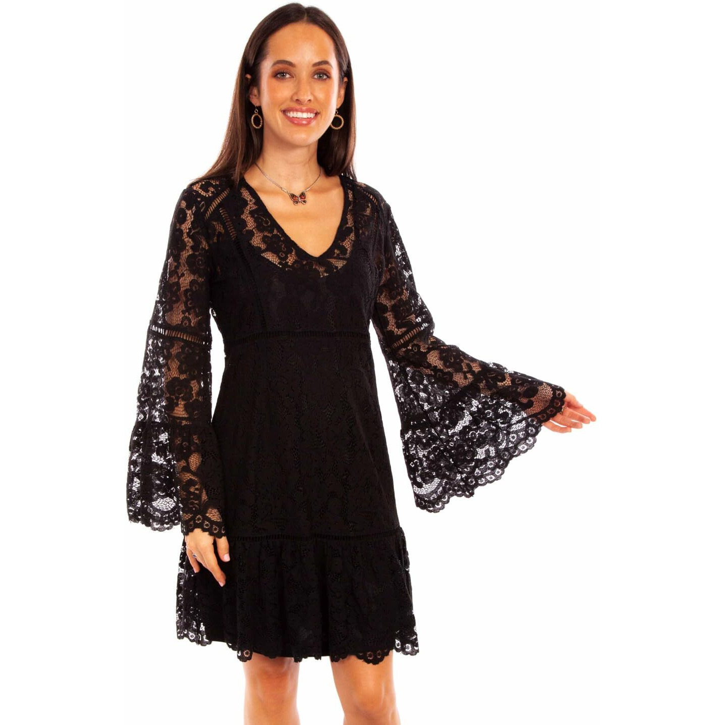 Scully Black Long Sleeve Womens Lace Dress HC557, Black, XS