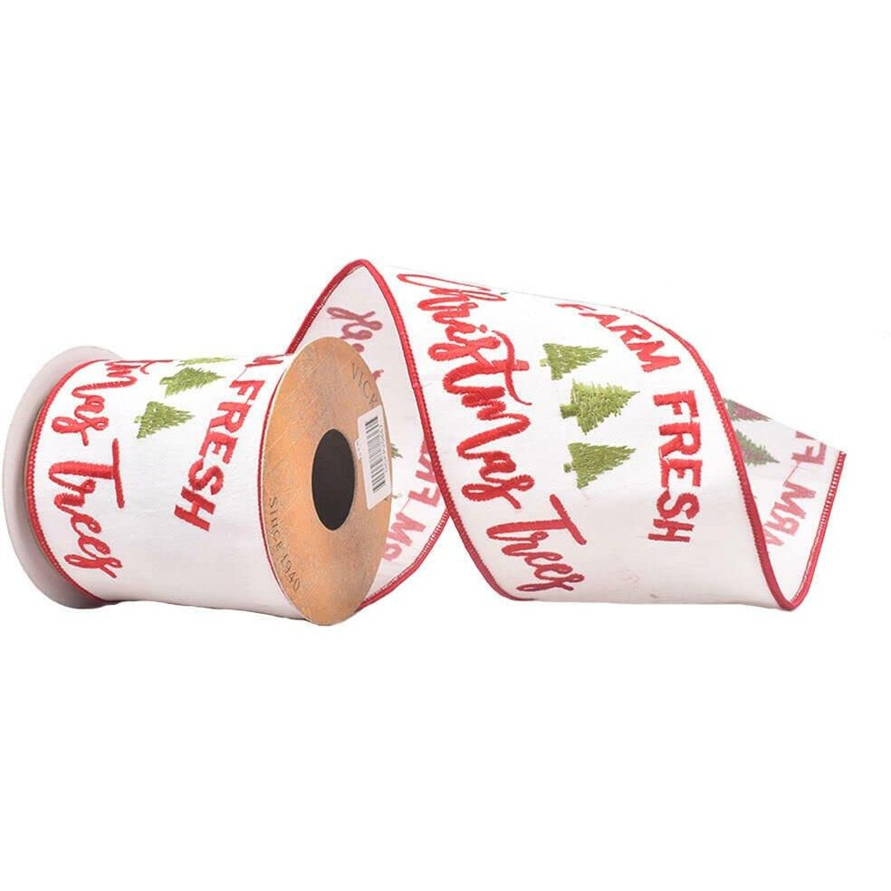 Vickerman 4  x 10 Yards White Farm Fresh Trees Wired Edge Christmas Ribbon.