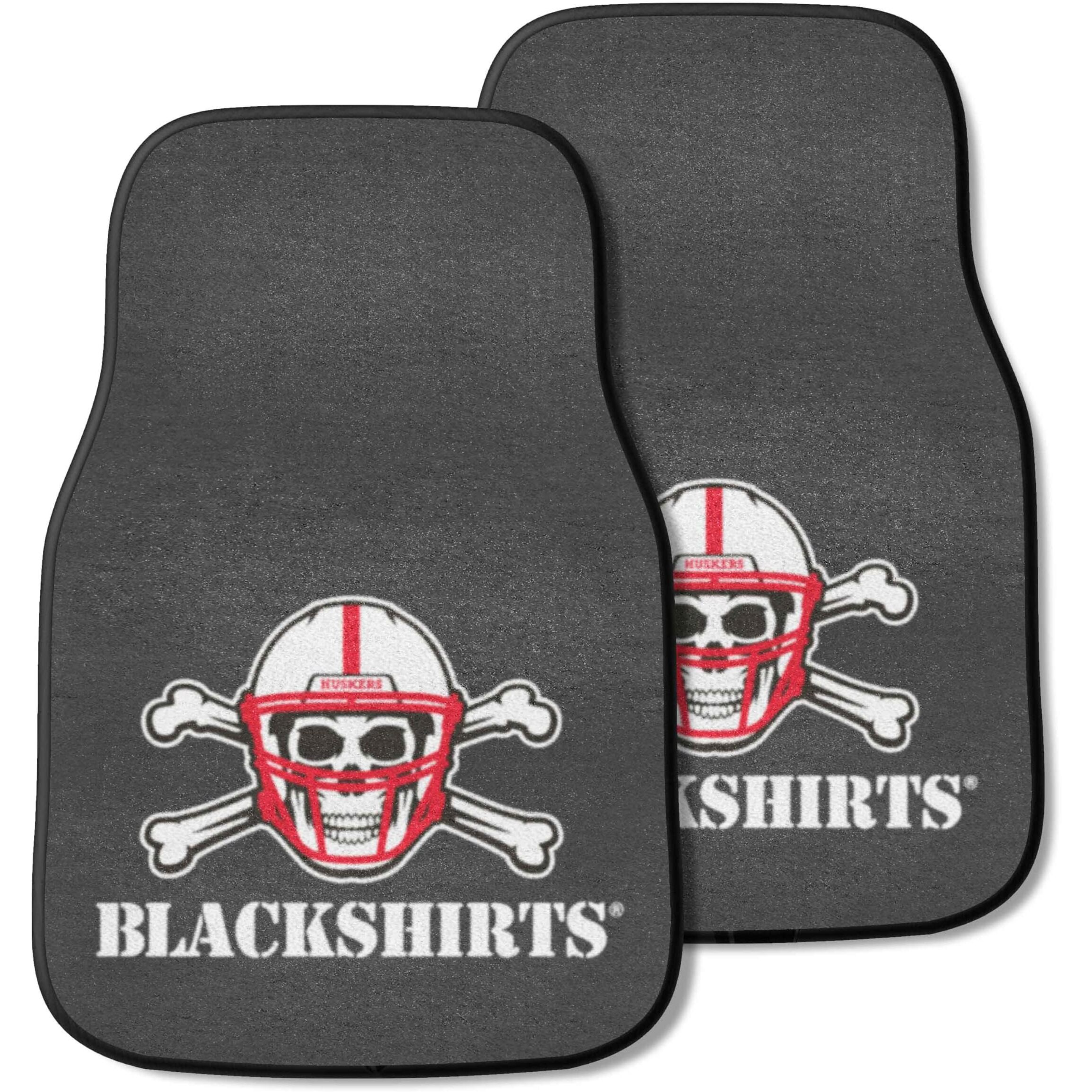 FANMATS 10340 Nebraska Cornhuskers Front 2-Piece Team Logo Carpet Car Mat Set, Front Row Automotive Floor Mats, Non-Slip Backing, Team Colors - Blackshirts Alternate Logo, Black