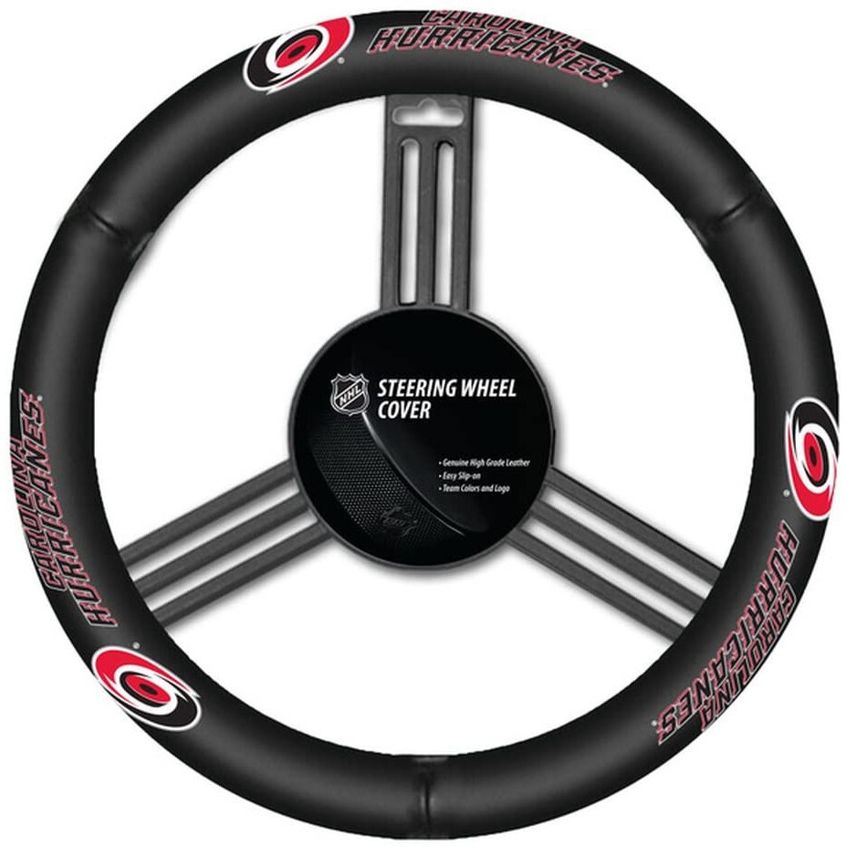 Fremont Die NHL Carolina Hurricanes Leather Steering Wheel Cover, Fits Most Steering Wheels, Black/Team Colors