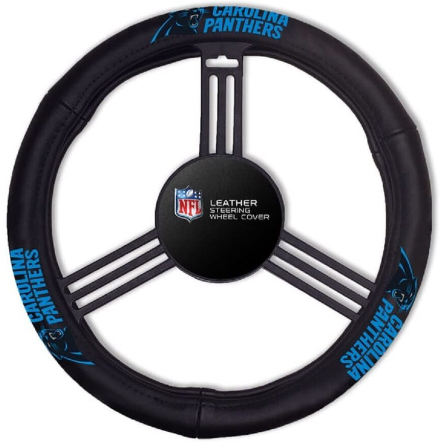 Fremont Die NFL Carolina Panthers No Leather Steering Wheel Coverleather Steering Wheel Cover, Black, One Size