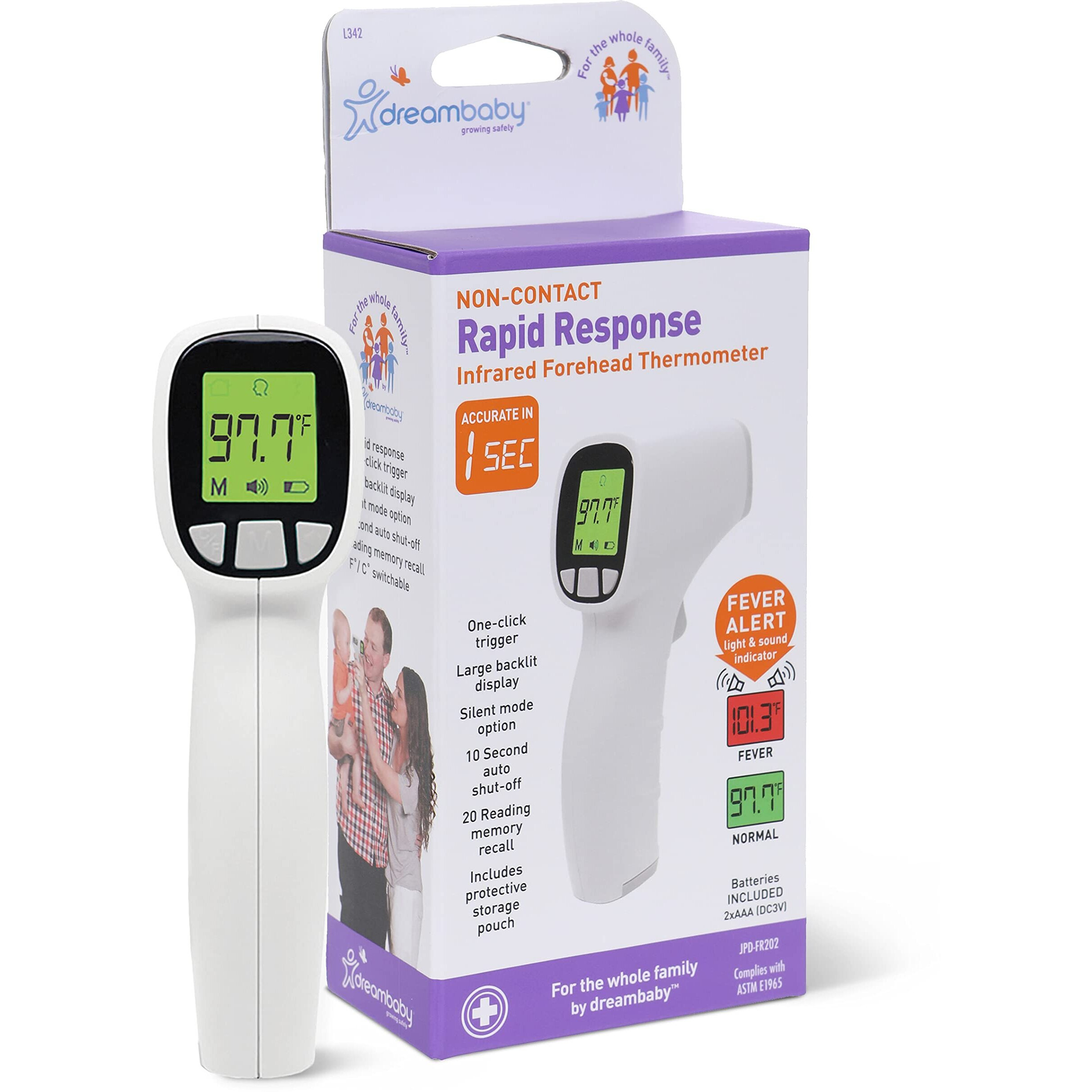 Dreambaby No Contact Baby Thermometer - Forehead Thermometer Baby - Infrared Digital Thermometer, Fever Alert, Memory Stores 20 Readings, Includes Storage Bag, Thermometer for Adults and Kids