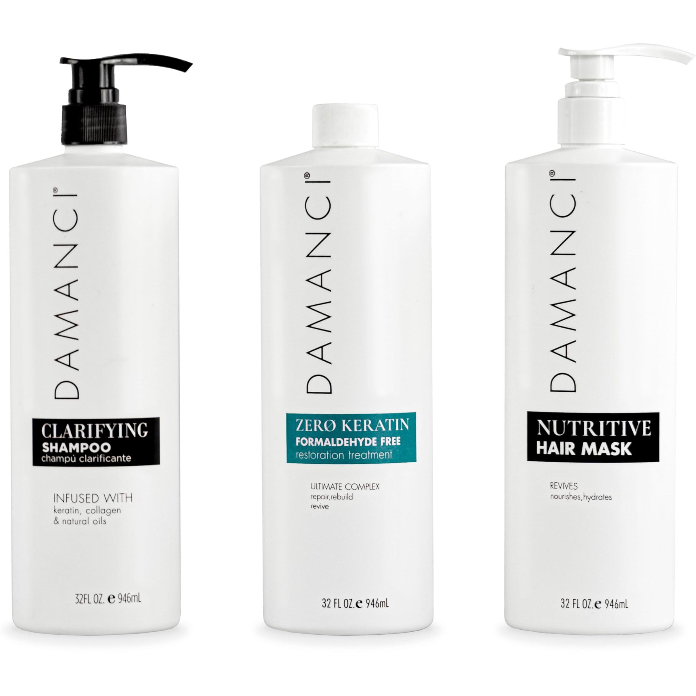 DAMANCI ZerO Keratin Revival Kit, Formaldehyde Free Keratin Treatment to Restore Hair, Reduce Frizz and Volume, with Clarifying Shampoo & Nutritive Hair Mask, Salt, Sulfate and Paraben-Free (32 oz)