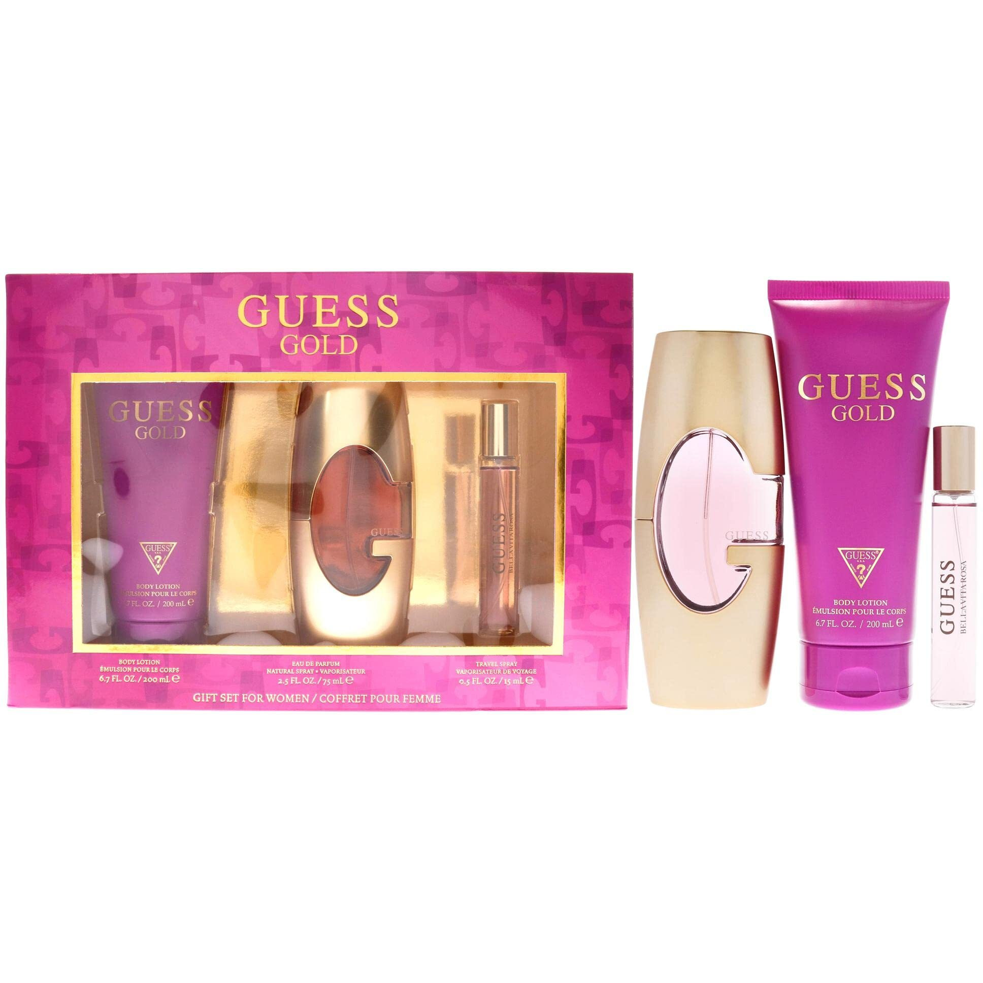 Guess Guess Gold Women 3 Pc Gift Set 2.5oz EDP Spray, 0.5oz Travel Spray, 6.7oz Body Lotion