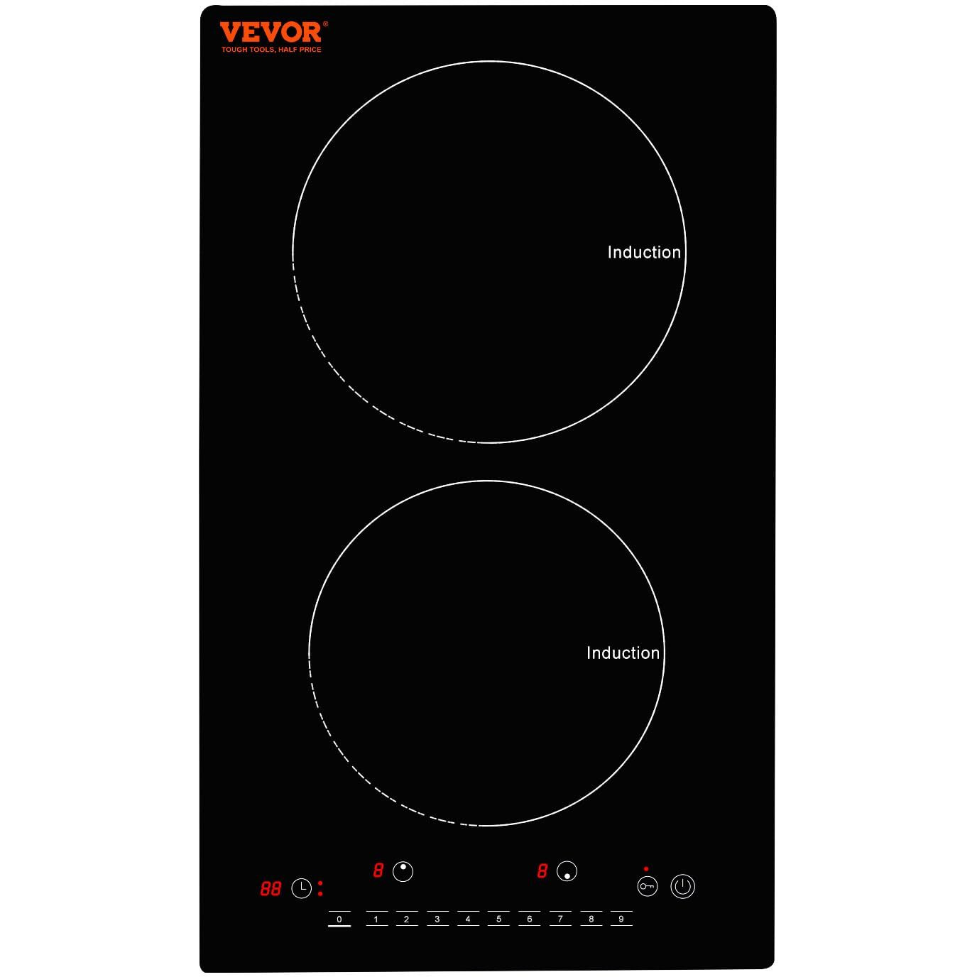 VEVOR Electric Cooktop, 2 Burners, 12'' Induction Stove Top, Built-in Magnetic Cooktop 1800W, 9 Heating Level Multifunctional Burner, LED Touch Screen w/Child Lock & Over-Temperature Protection