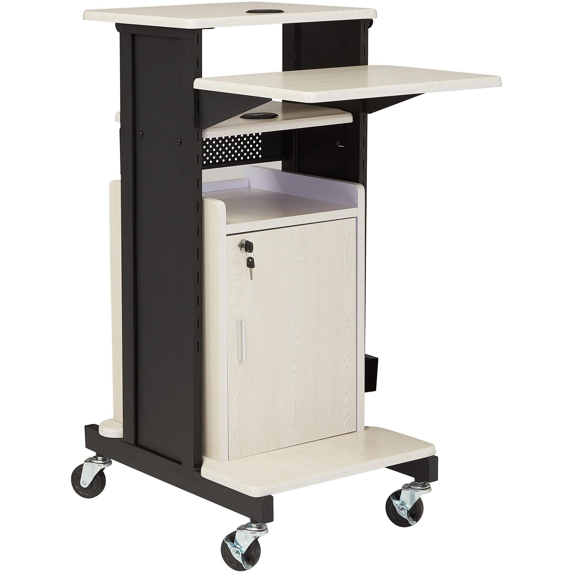 Oklahoma Sound Premium Plus Steel Wheeled AV Presentation Cart ith Storage Cabinet, Wire Management Grommets, and 6 Outlet Poer Strip, Ivory/Black