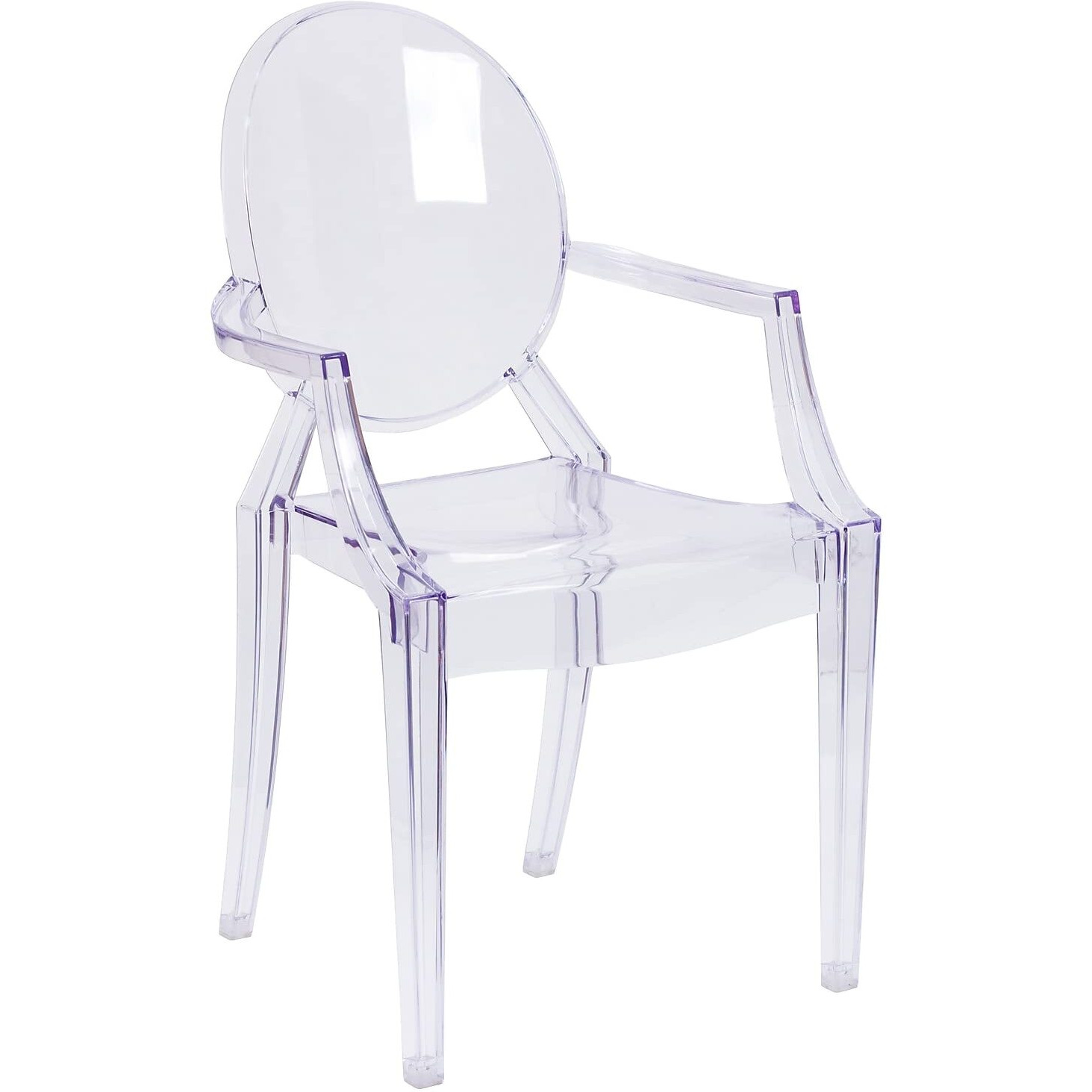 Flash Furniture Indoor/Outdoor Ghost Accent and Dining Chair ith Curved Arms and Contoured Seat, Stackable Restaurant Chair, Transparent Crystal