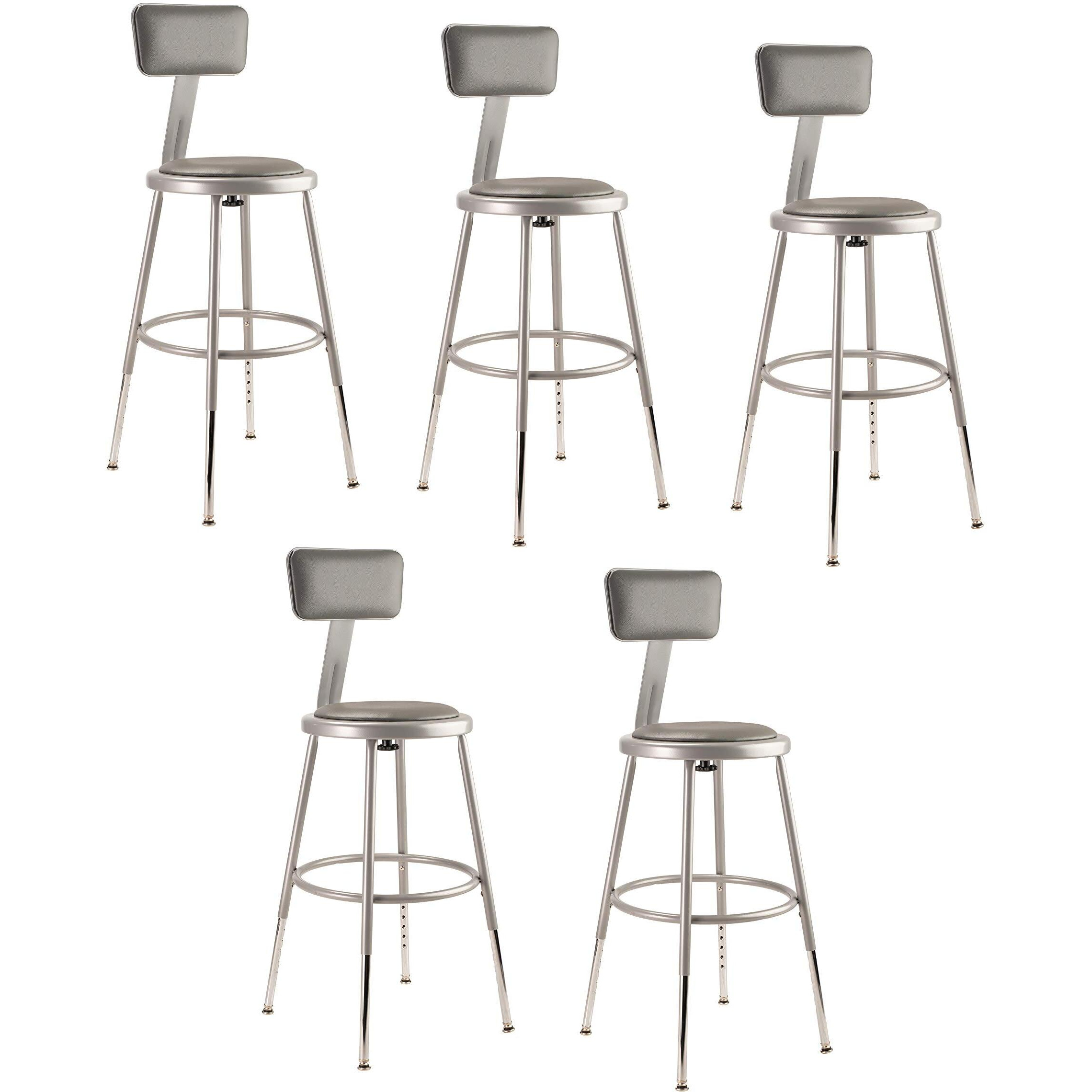 (5 Pack) NPS 19 -27  Height Adjustable Heavy Duty Vinyl Padded Steel Stool with Backrest, Grey