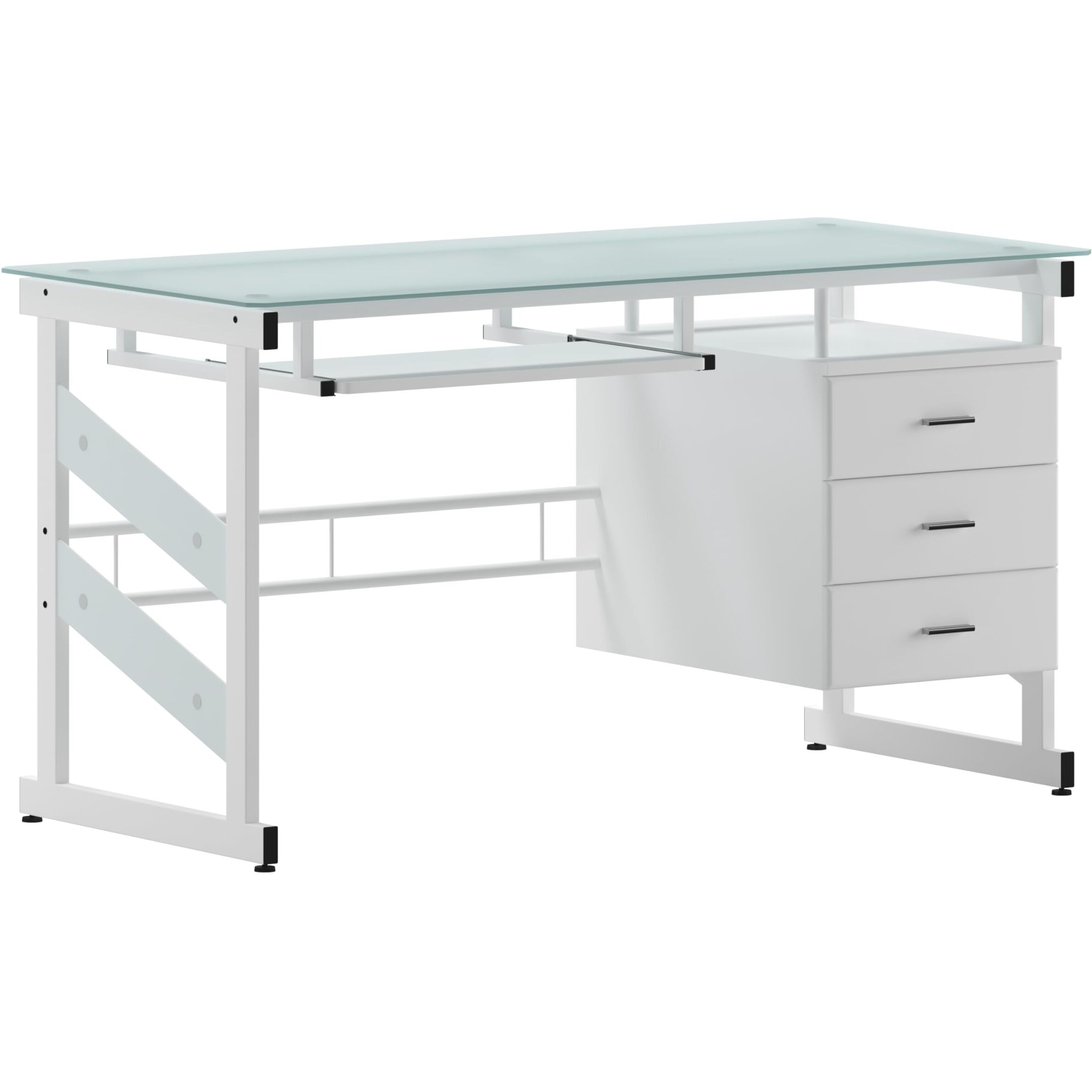 Flash Furniture Singleton White Computer Desk with Frosted Glass Top and Three Drawer Pedestal