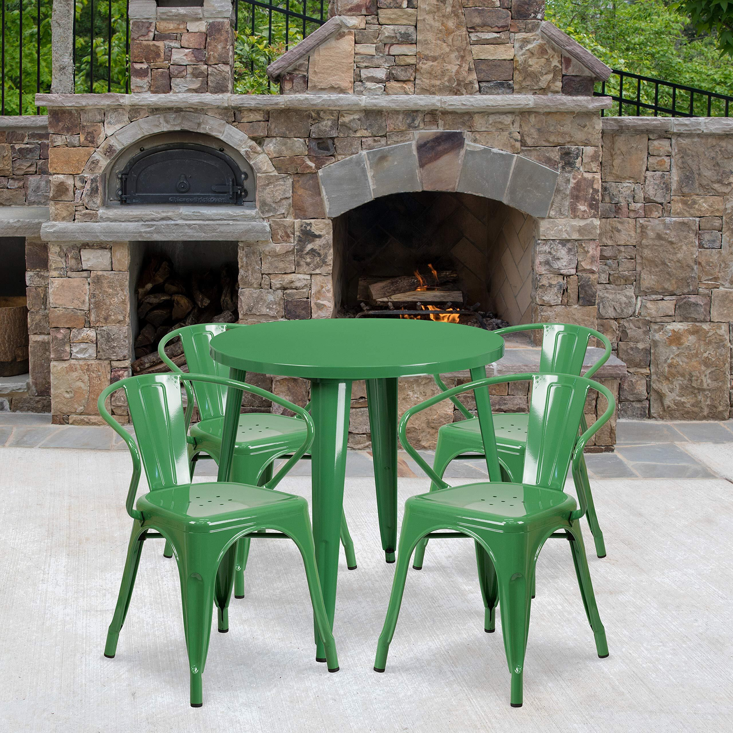 Flash Furniture Commercial Grade 30  Round Green Metal Indoor-Outdoor Table Set ith 4 Arm Chairs