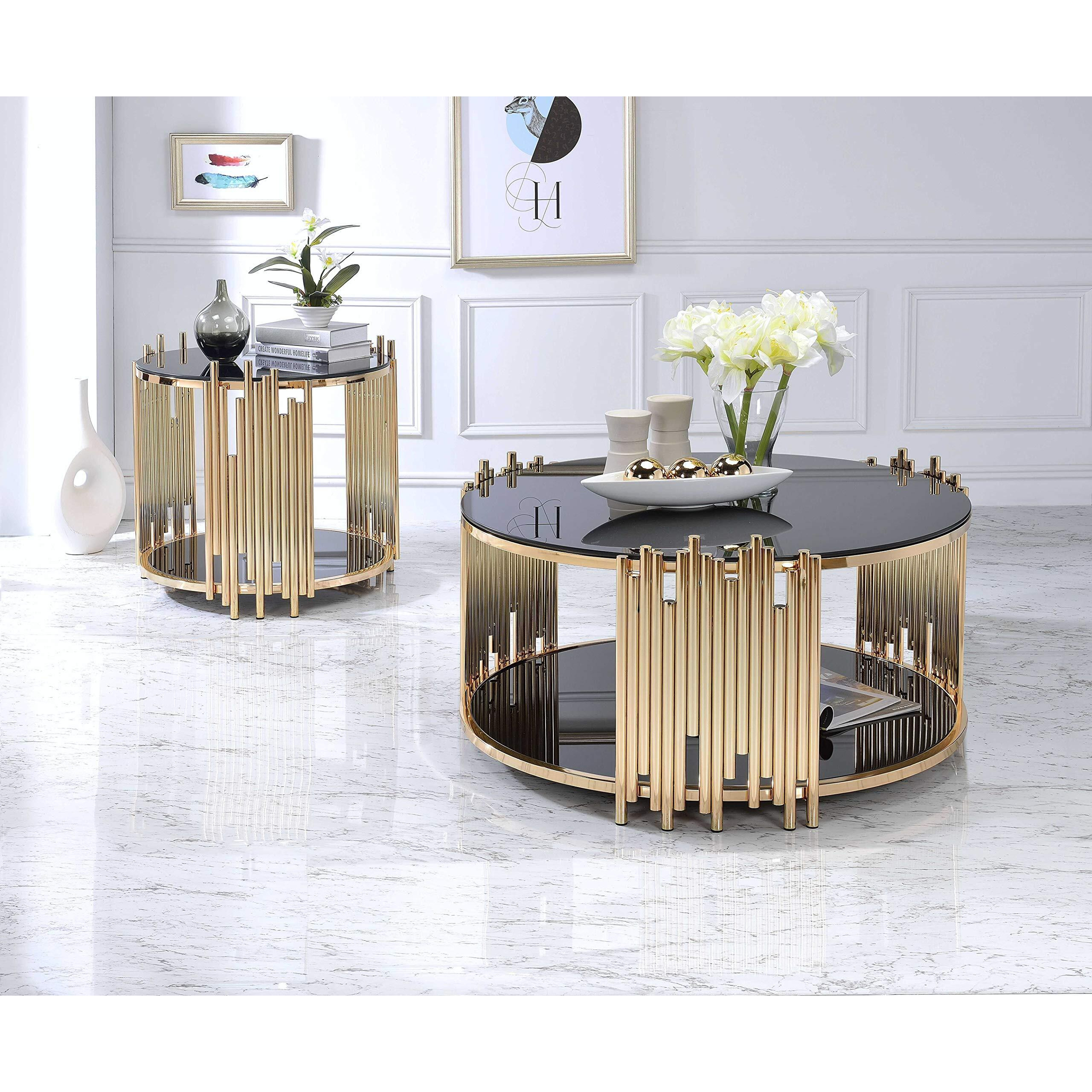 HomeRoots Glass, Metal 25  X 25  X 22  Black Glass and Gold End Table