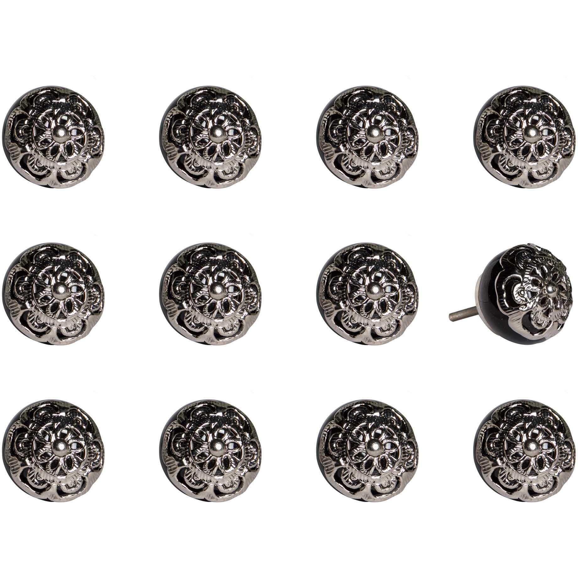 HomeRoots Black/Chrome Ceramic/Metal 1.5  X 1.5  X 1.5  Multi-Color 12 Pack Knob-It K000022