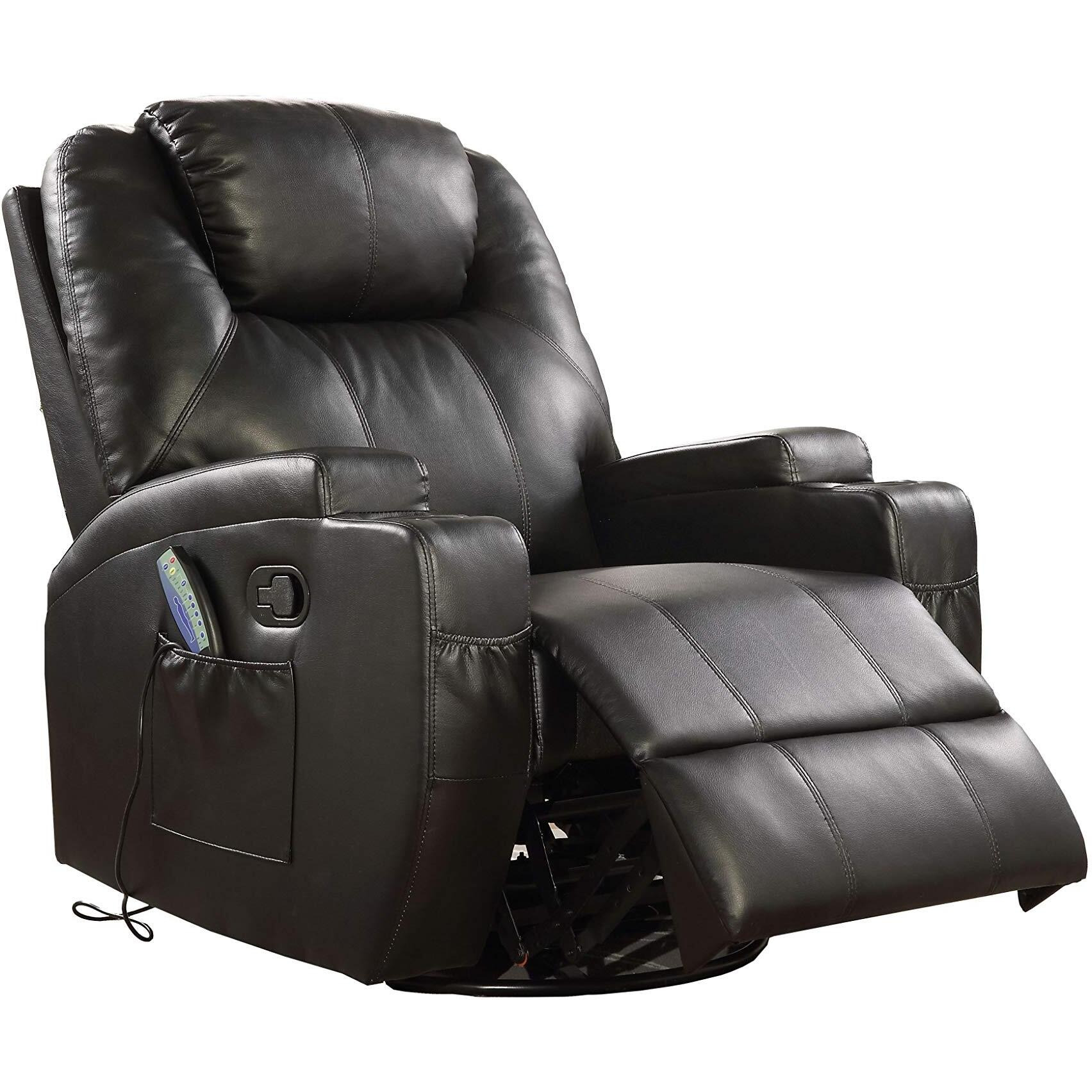 HomeRoots Boned Leather Match, Pine 34  X 37  X 41  Black Bonded Leather Match Swivel Rocker Recliner with Massage