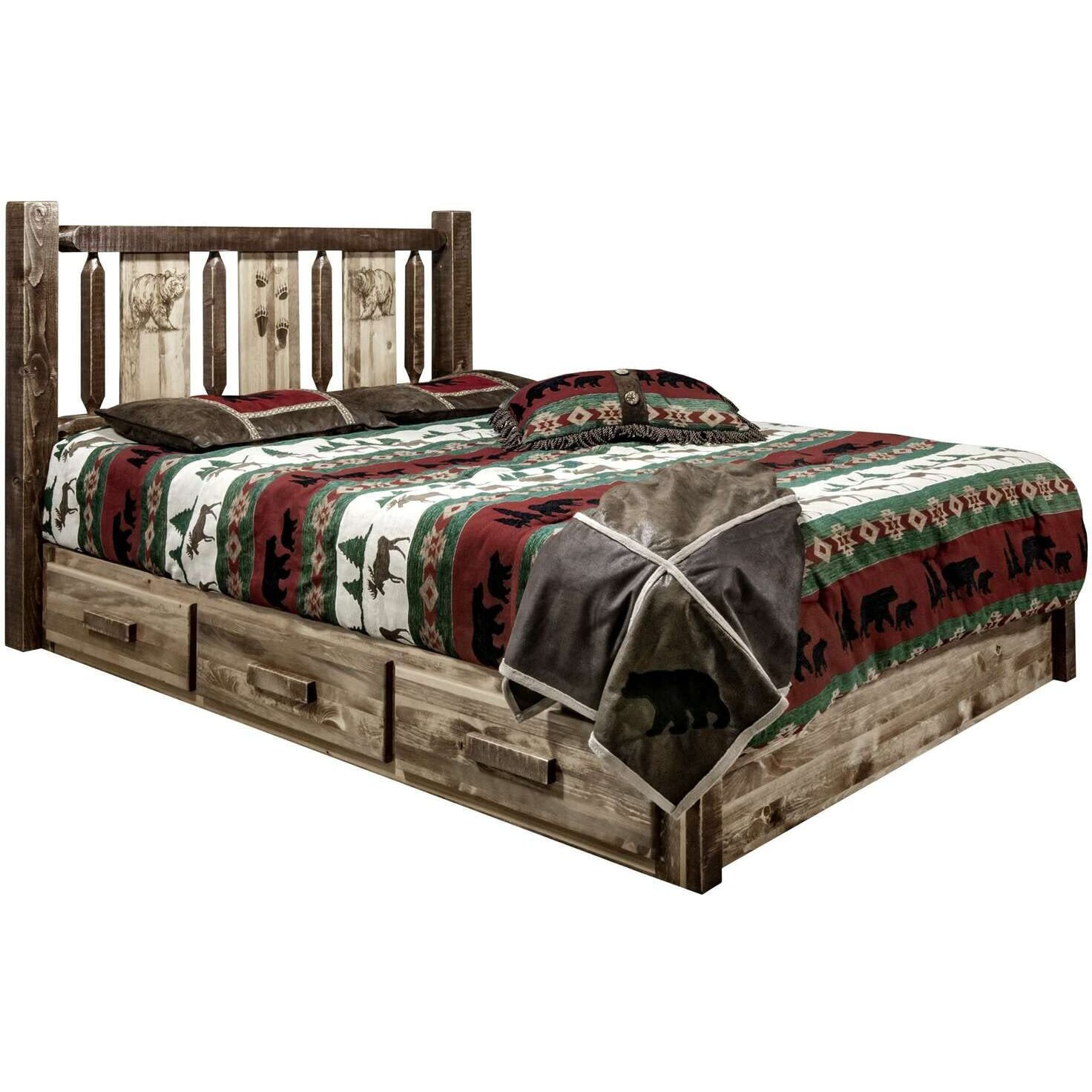 Montana Woodworks Homestead Collection Platform Bed w/Storage, Full w/Laser Engraved Bear Design, Stain & Clear Lacquer Finish