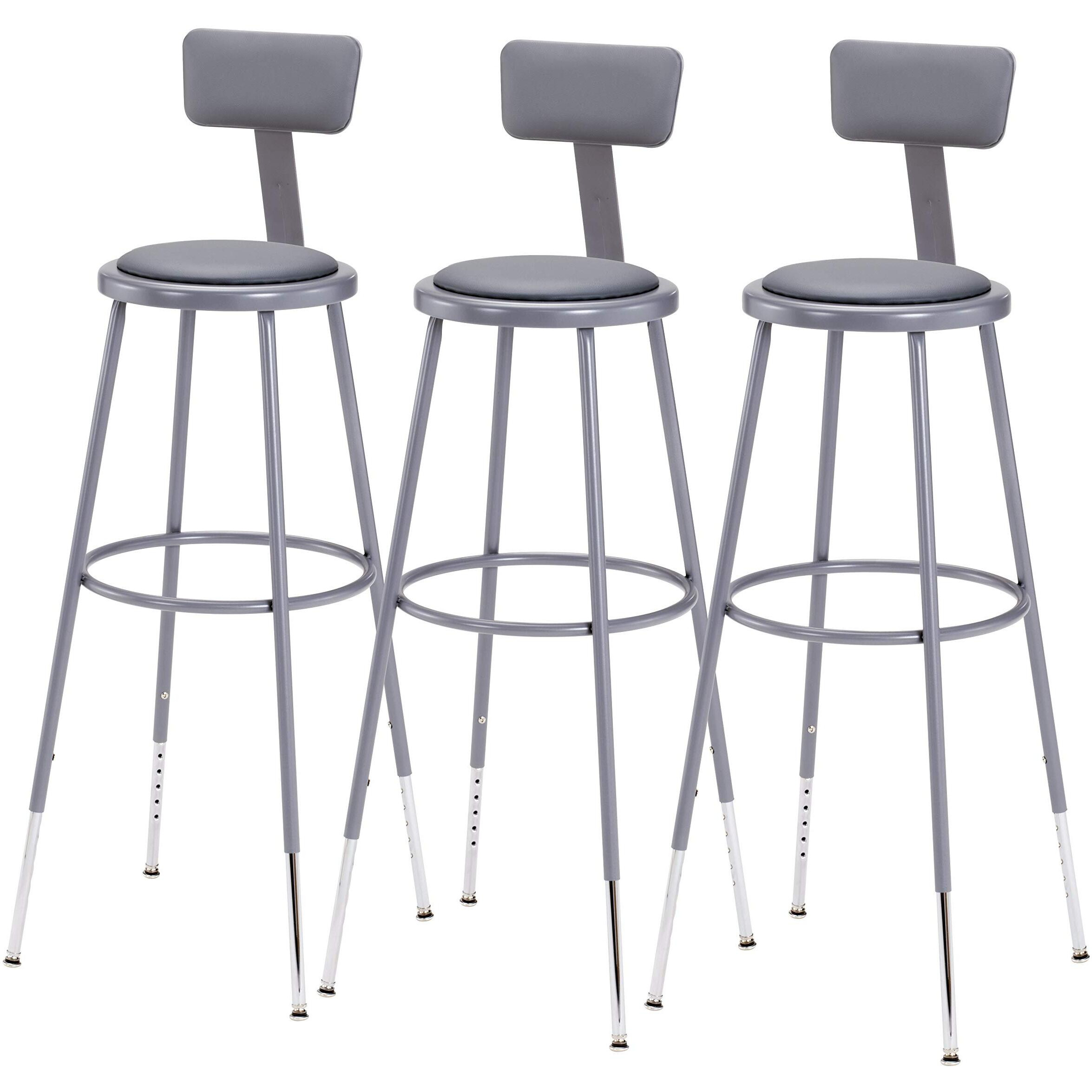 National Public Seating (Pack of 3) NPS 32 -39  Height Adjustable Heavy Duty Vinyl Padded Steel Stool with Backrest, Grey