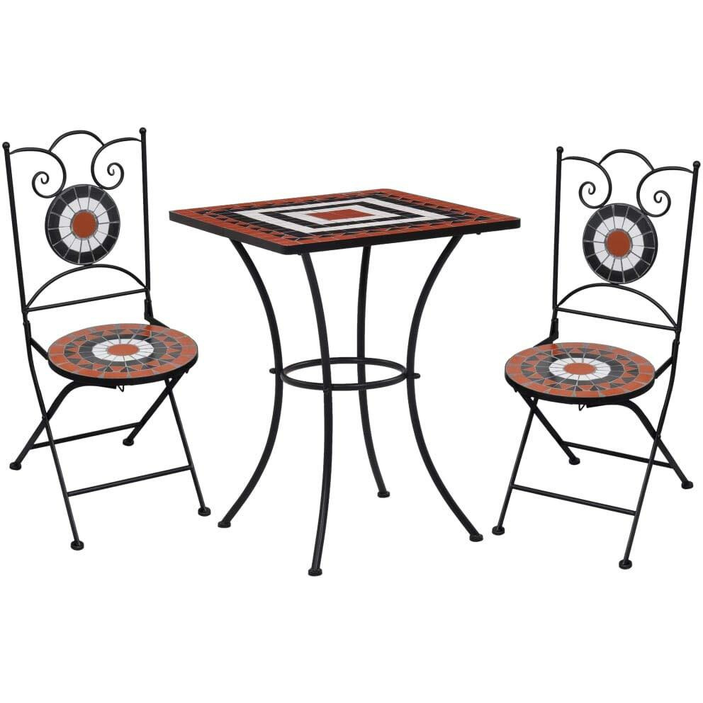 vidaXL Mosaic Bistro Set, 3 Pieces - Stylish Ceramic Tile Patio Furniture in Terracotta and White - Poder-Coated Iron Frame, Sturdy and Durable Design.