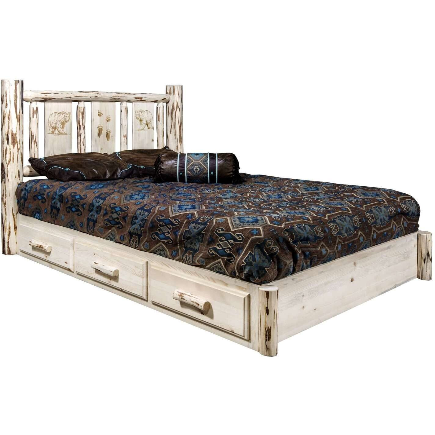 Montana Woodworks Bear Design Laser Engraved Platform Bed in Clear Lacquer (King 91 in. L x 80 in. W x 47 in. H (281 lbs.))