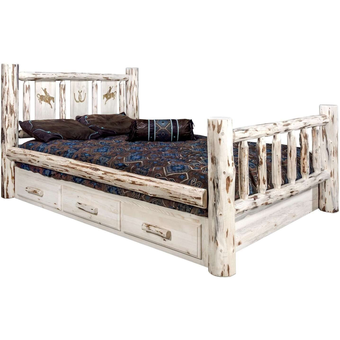 Montana Woodworks Bronc Design Storage Engraved Bed in Clear Lacquer Finish (Cal King98 in. L x 76 in. W x 47 in. H (396 lbs.))