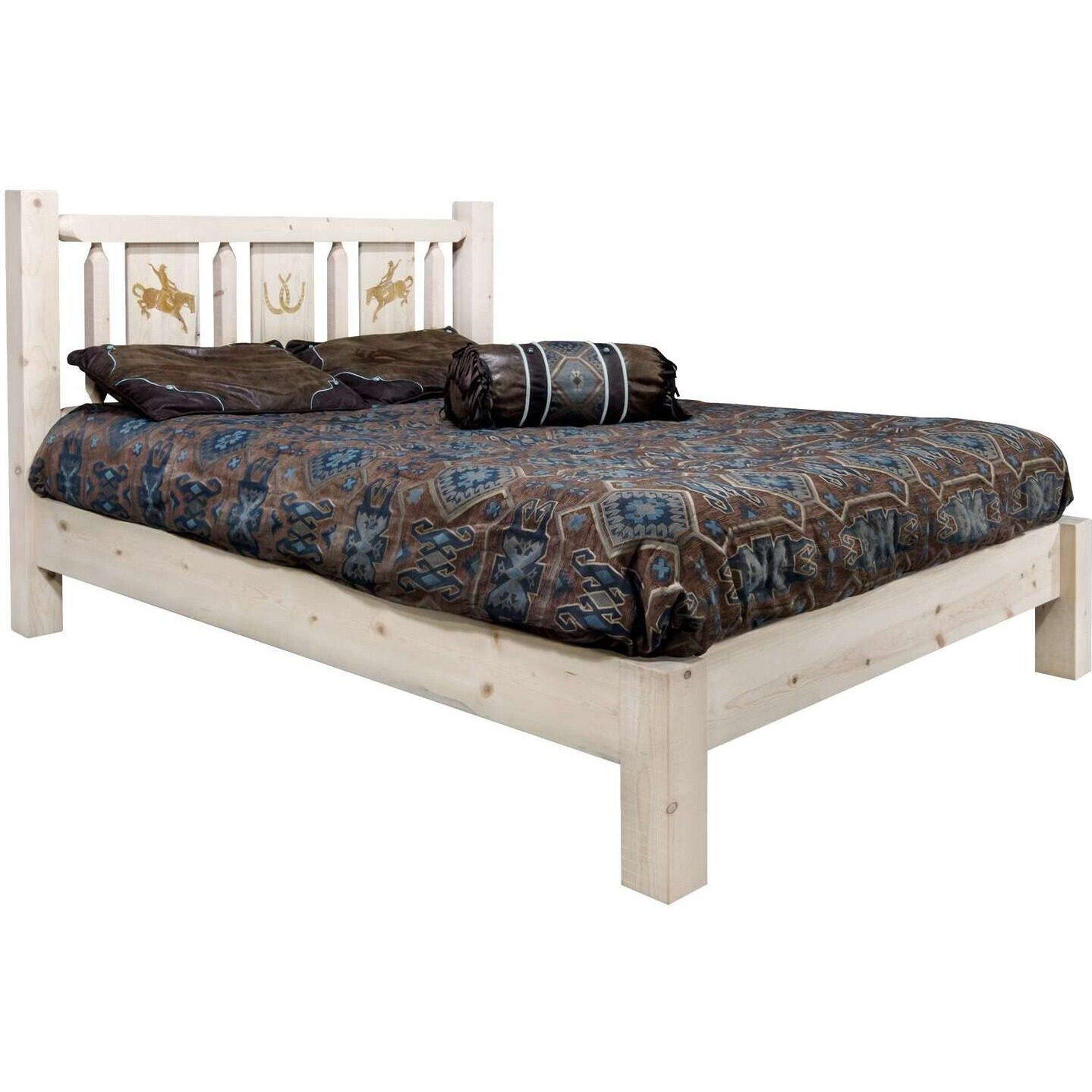 Montana Woodworks Bronc Design Laser Engraved Platform Bed in Natural (Full 81 in. L x 60 in. W x 47 in. H (184 lbs.))