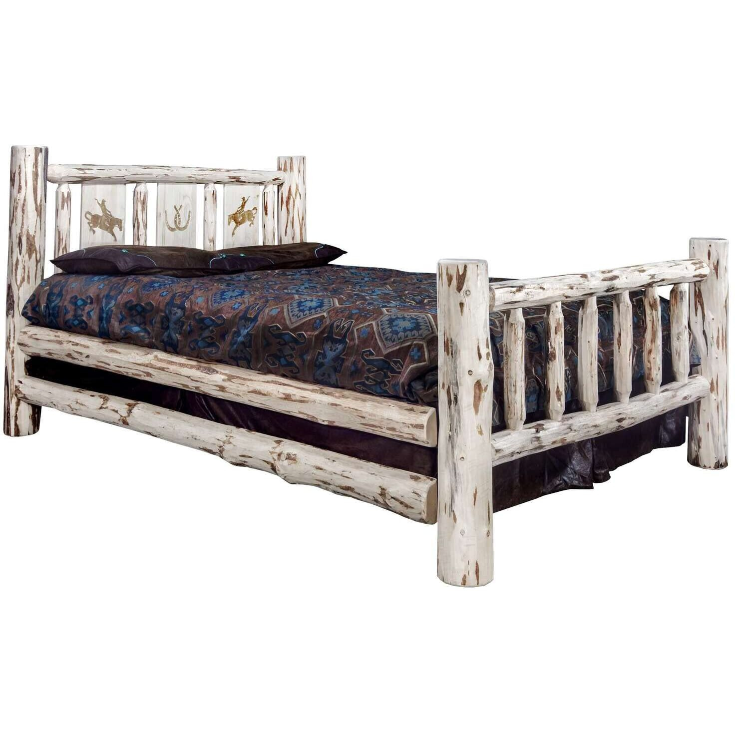 Montana Collection Queen Bed w/Laser Engraved Bronc Design, Clear Lacquer Finish