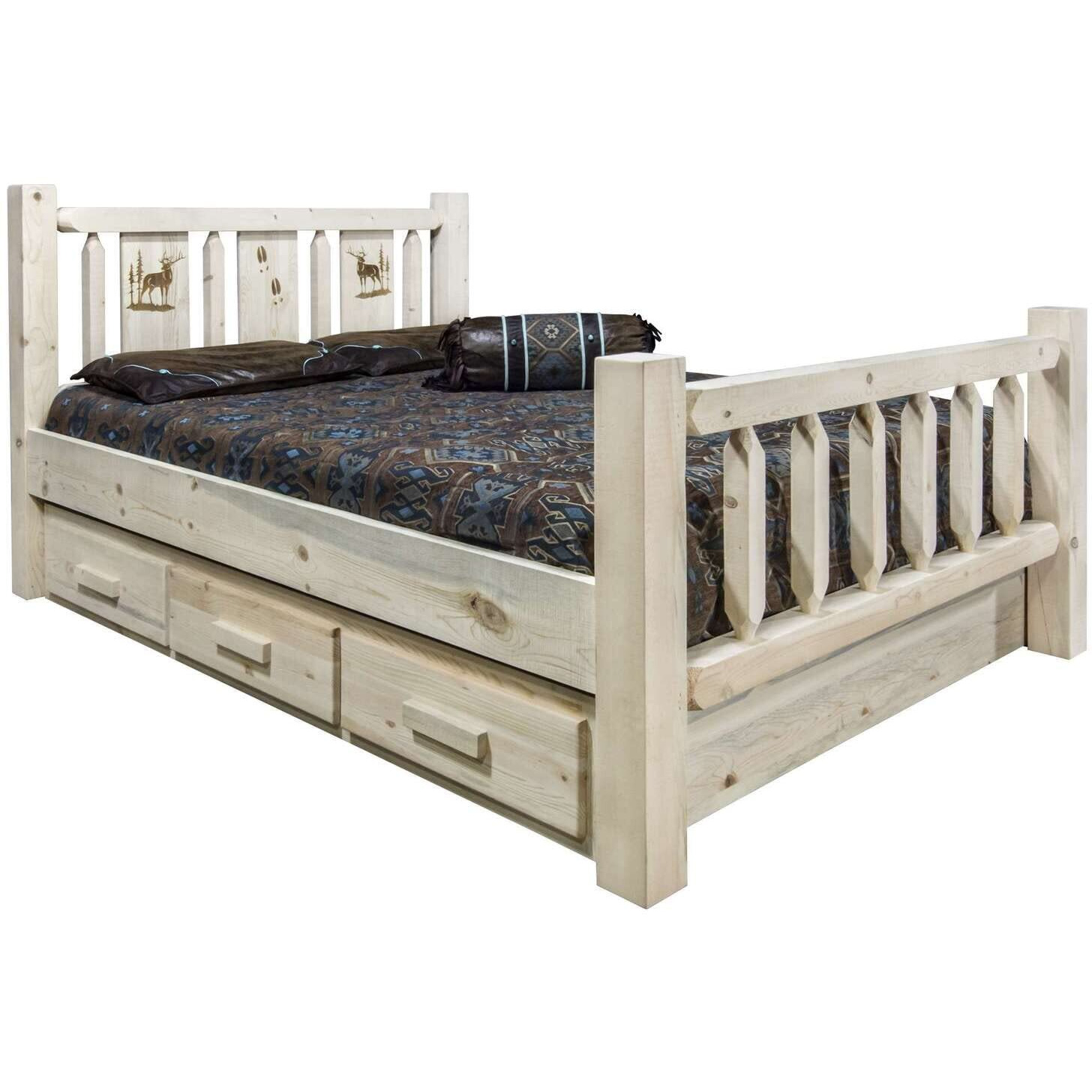 Montana Woodworks Laser Engraved Storage Bed in Natural Finish (Cal King98 in. L x 76 in. W x 47 in. H (340 lbs.))