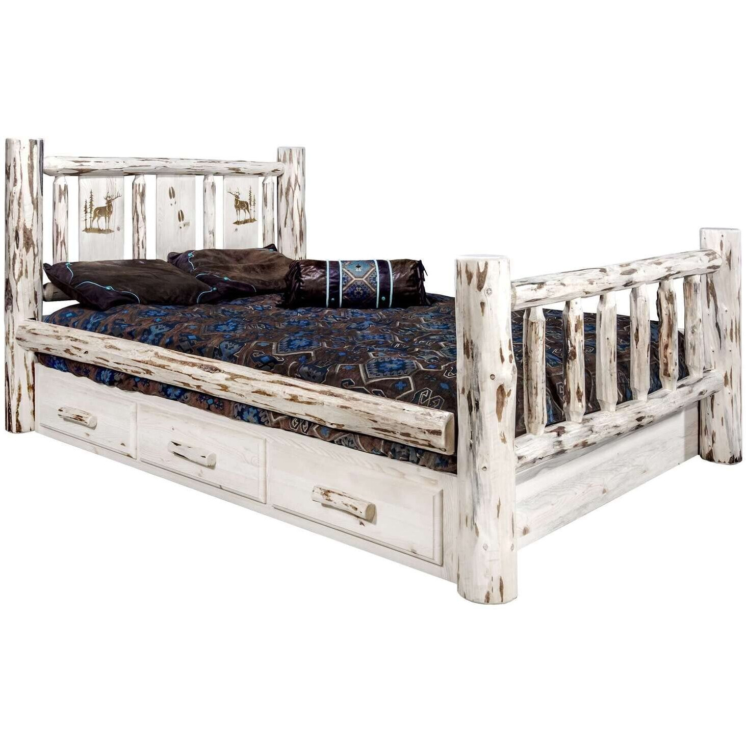 Montana Woodworks Elk Design Storage Engraved Bed in Clear Lacquer Finish (Full 87 in. L x 60 in. W x 47 in. H (336 lbs.))