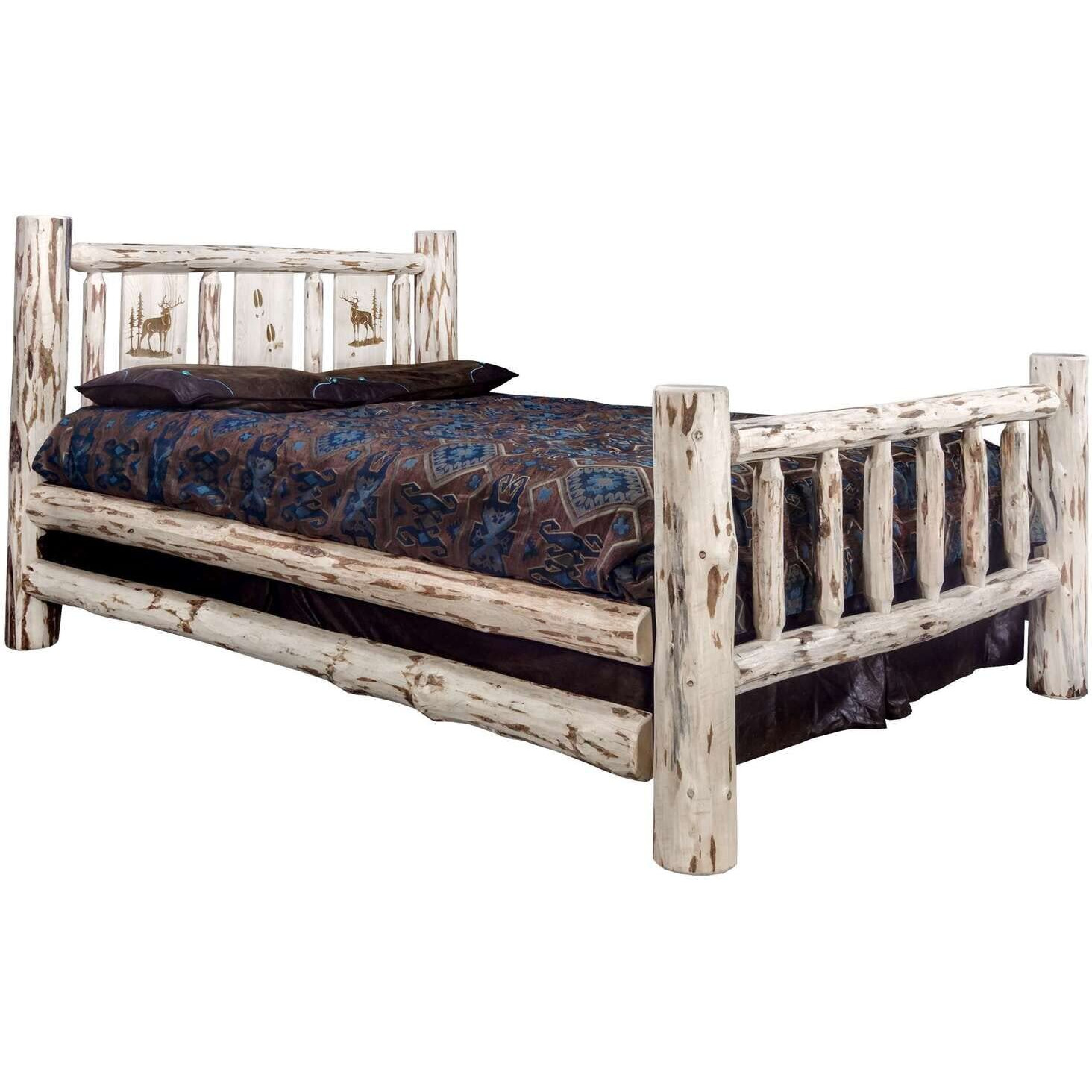 Montana Woodworks Elk Design Laser Engraved Log Bed in Clear Lacquer Finish (Twin 87 in. L x 46 in. W x 47 in. H (184 lbs.))