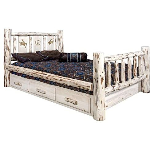 Montana Woodworks Bronc Design Storage Engraved Bed in Clear Lacquer Finish (Twin 87 in. L x 46 in. W x 47 in. H (314 lbs.))