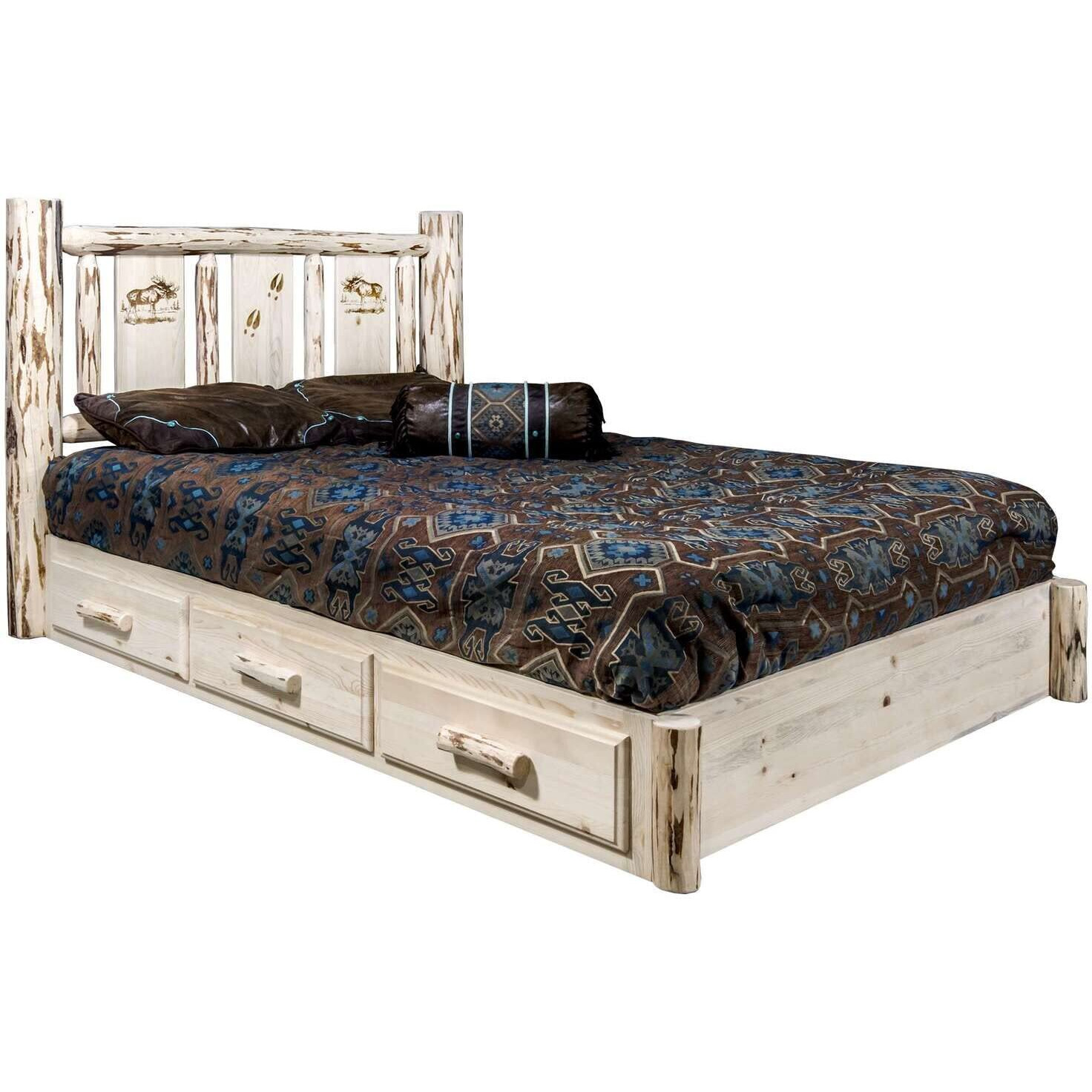 Montana Woodworks Moose Design Laser Engraved Platform Bed in Clear Lacquer (King 91 in. L x 80 in. W x 47 in. H (281 lbs.))