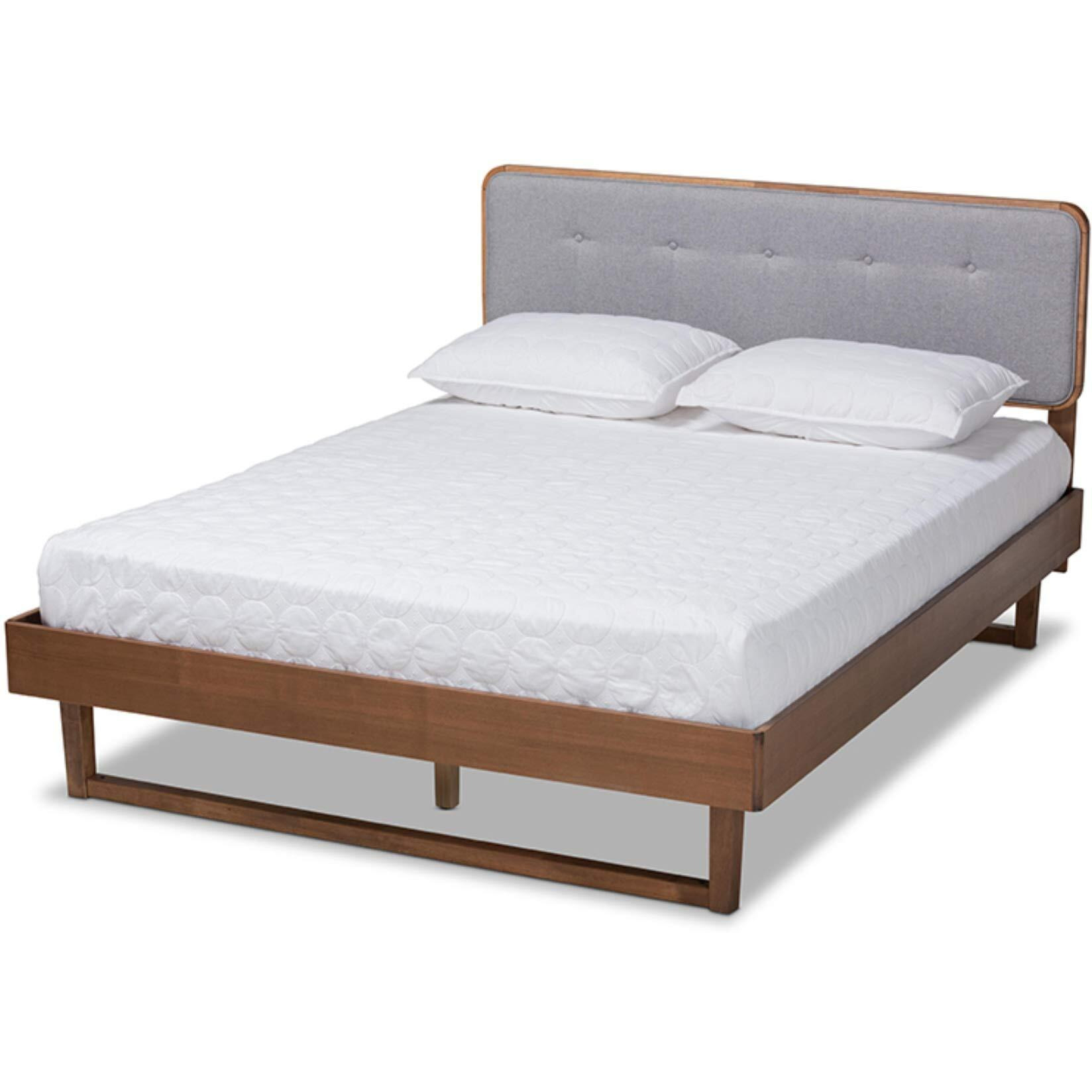 Baxton Studio Natalia Mid-Century Modern Light Grey Fabric Upholstered and Ash Walnut Finished Wood Queen Size Platform Bed