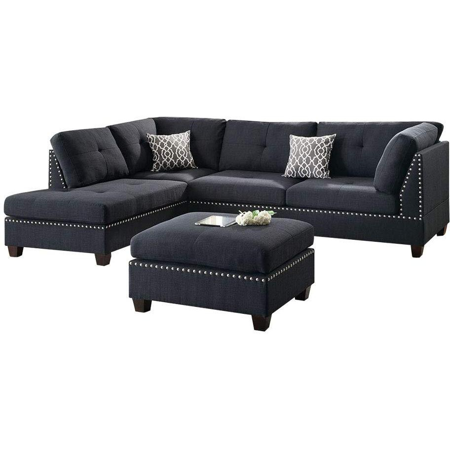 Simple Relax Viola Linen-Like Polyfabric Chaise Sectional Set with Ottoman, Black