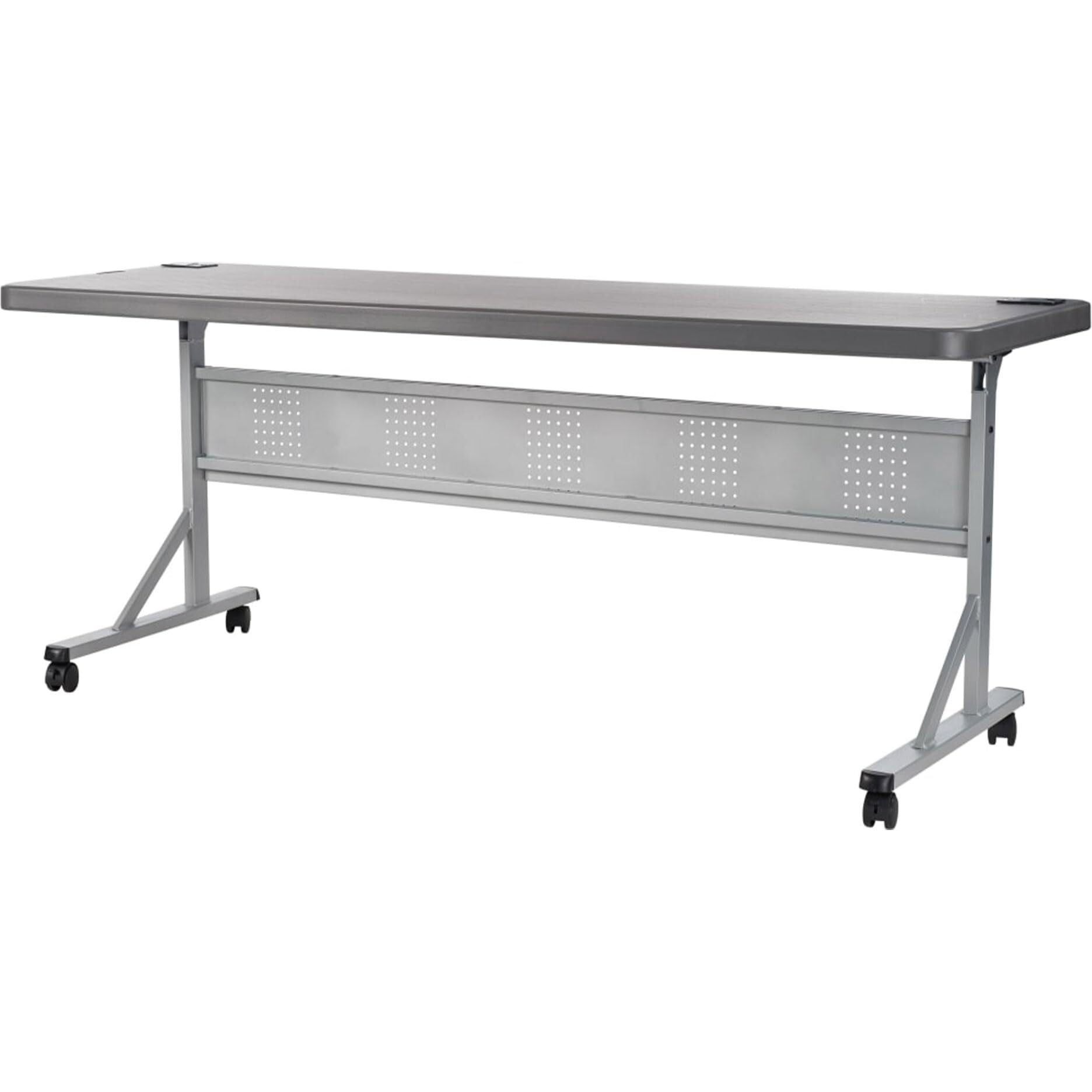 National Public Seating 24  x 72  Flip-N-Store Portable Lighteight Rolling Conference Training Table ith 2 Grommet Holes - Charcoal Slate