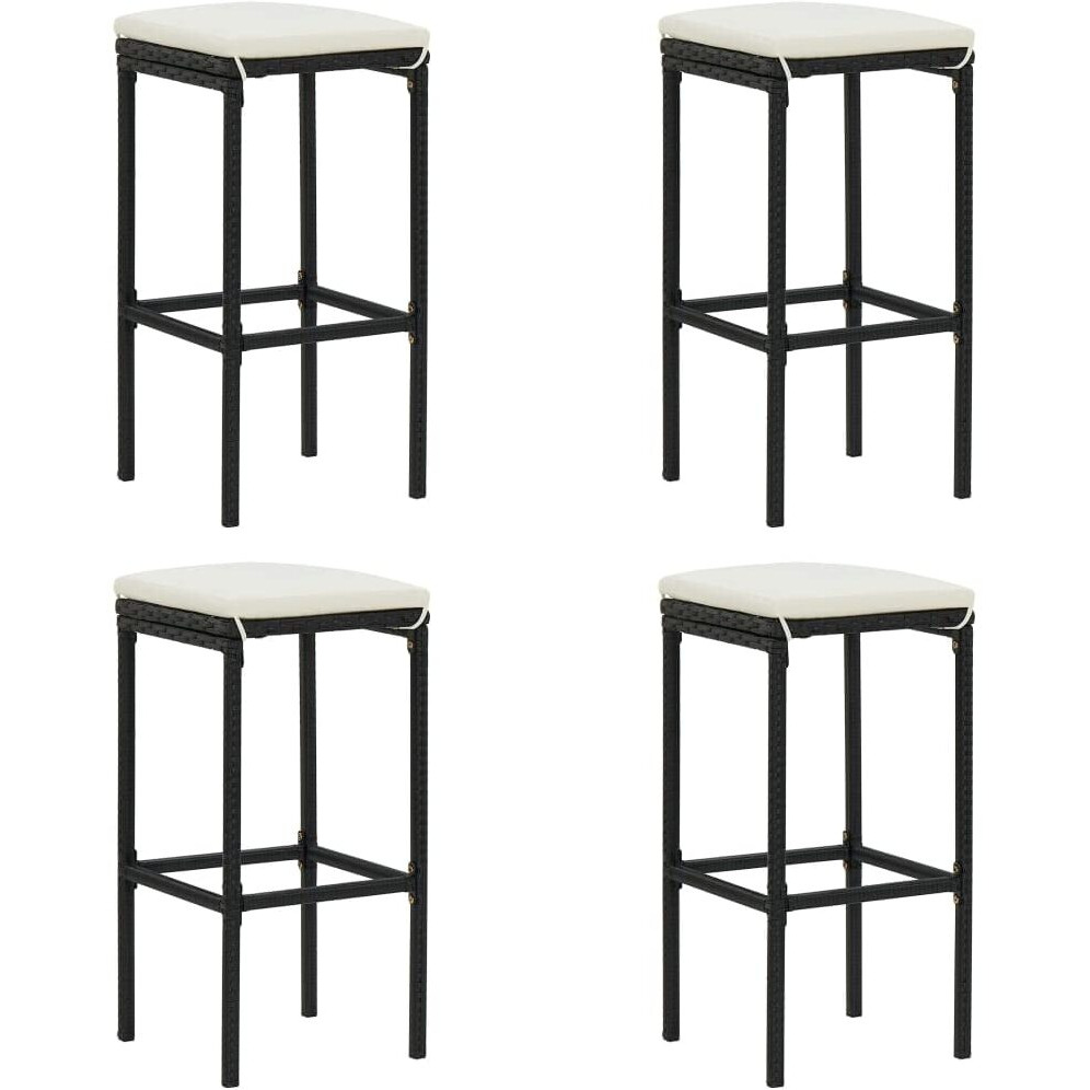 vidaXL Bar Stools with Cushions 4 pcs - Modern Style, Black Poly Rattan & Steel Frame, Weather Resistant, Comfortable Seat with Footrest, Easy Maintenance, Suitable for Indoor and Outdoor Use