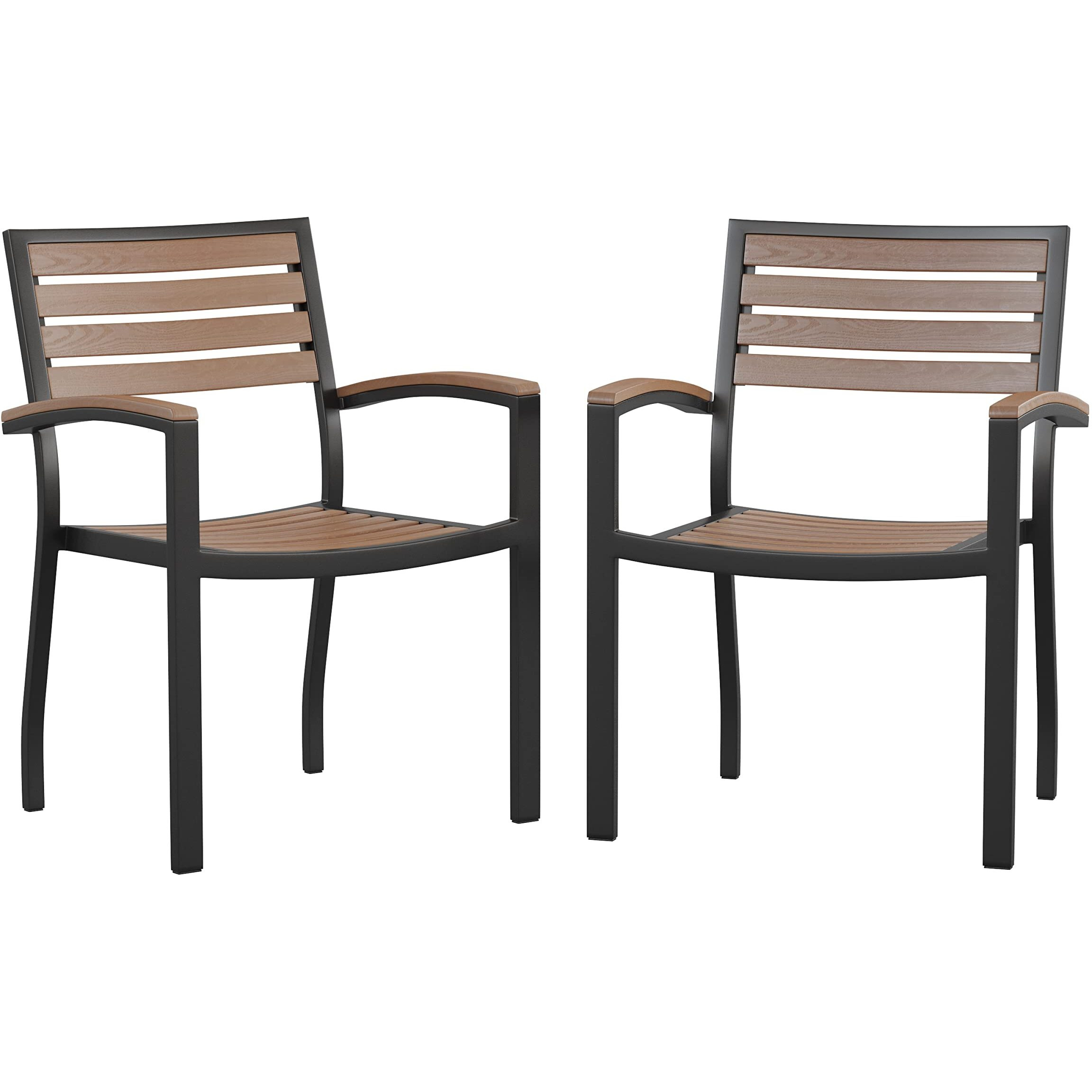 Flash Furniture Stackable Aluminum Patio Chair - All-Weather Black Framed Side Chair with Faux Teak Slats - Commercial Grade - Set of 2