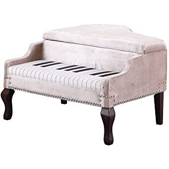 HomeRoots Beige Fabric Silver Velour Baby Grand Piano Storage Bench