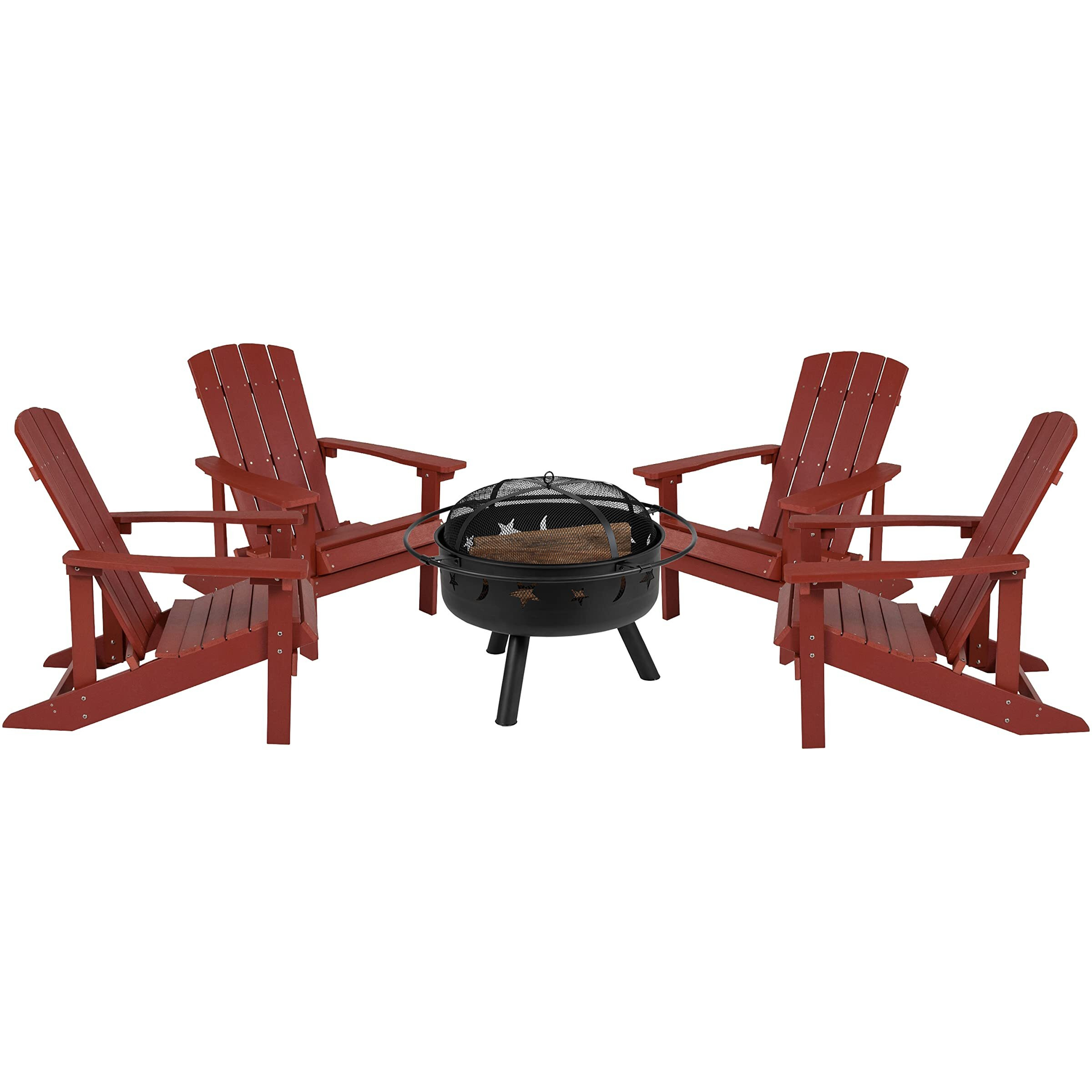 Flash Furniture 5 Piece Commercial Charlestown Adirondack Chair Set with Fire Pit - 4 Red Poly Resin Wood Chairs - Star and Moon Fire Pit with Mesh Cover