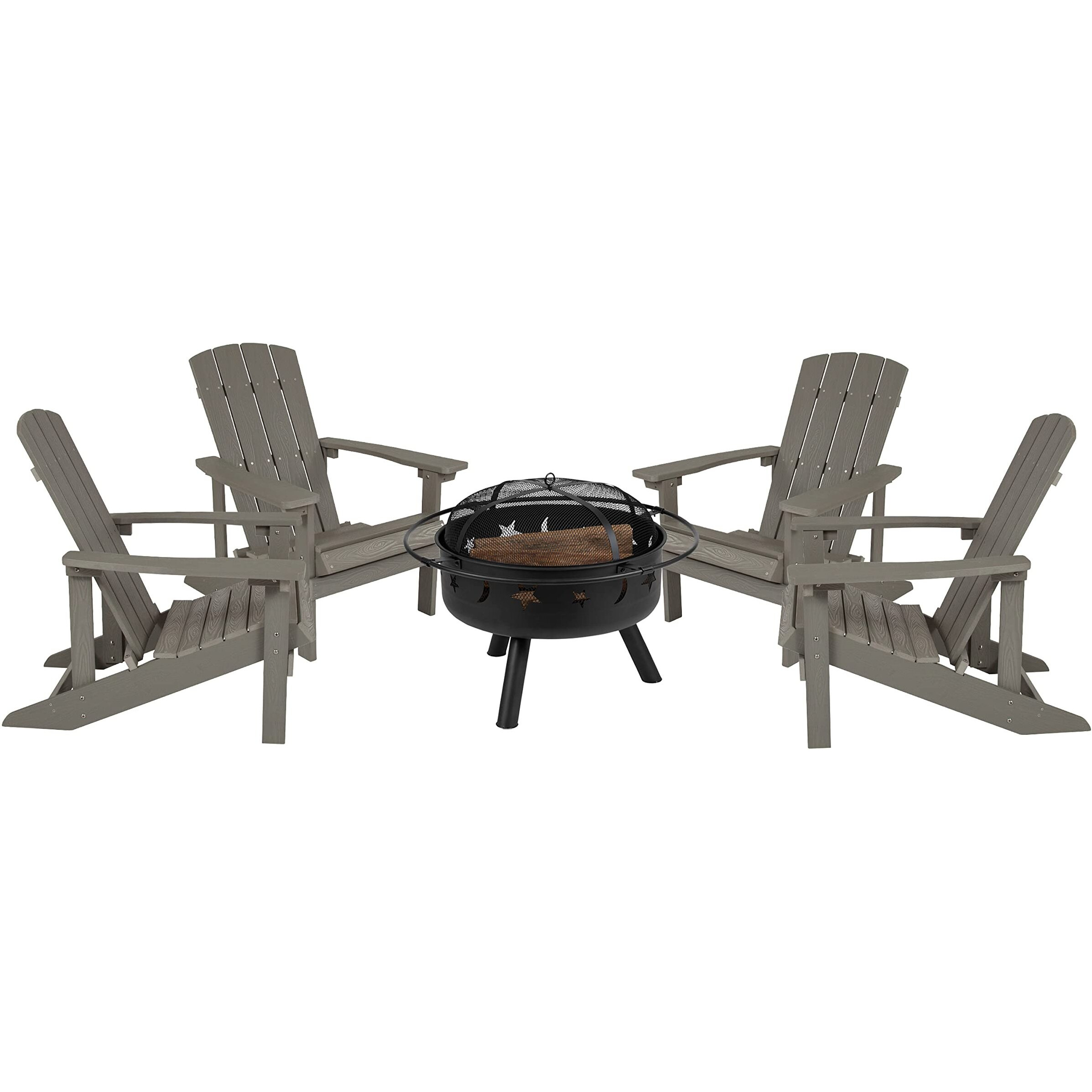 Flash Furniture 5 Piece Commercial Charlestown Adirondack Chair Set with Fire Pit - 4 Light Gray Poly Resin Wood Chairs - Star and Moon Fire Pit with Mesh Cover