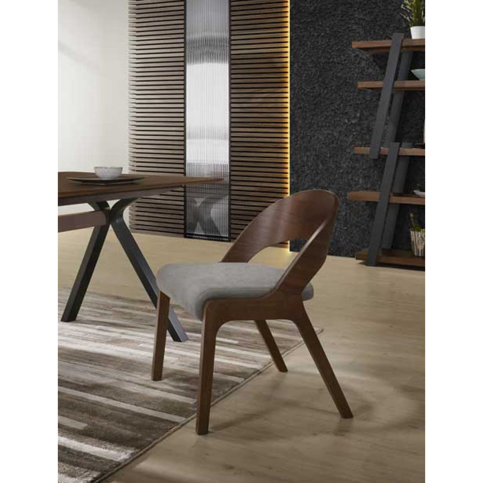 HomeRoots Fabric, Solid Wood, Veneer Set of Two Gray Walnut Fabric Modern Dining Chairs